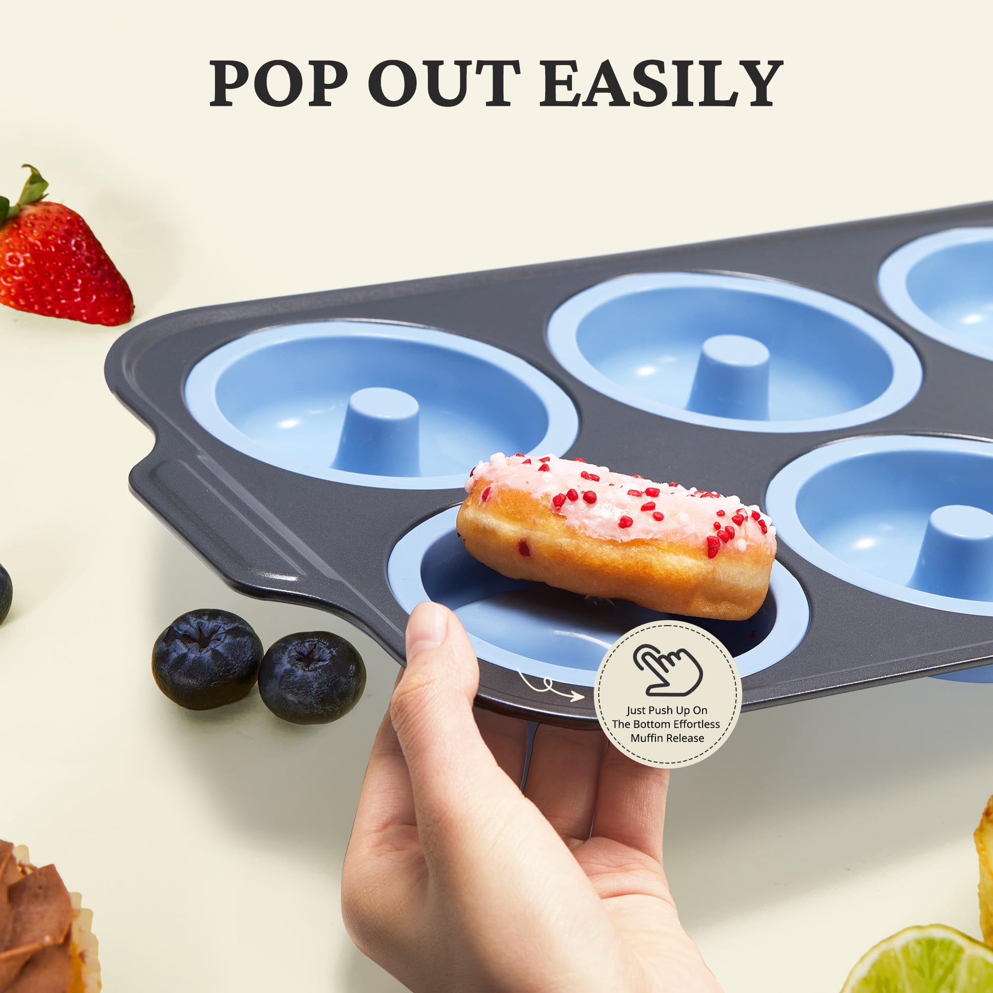 Silicone donut pan with carbon steel frame for baking six donuts, sky blue