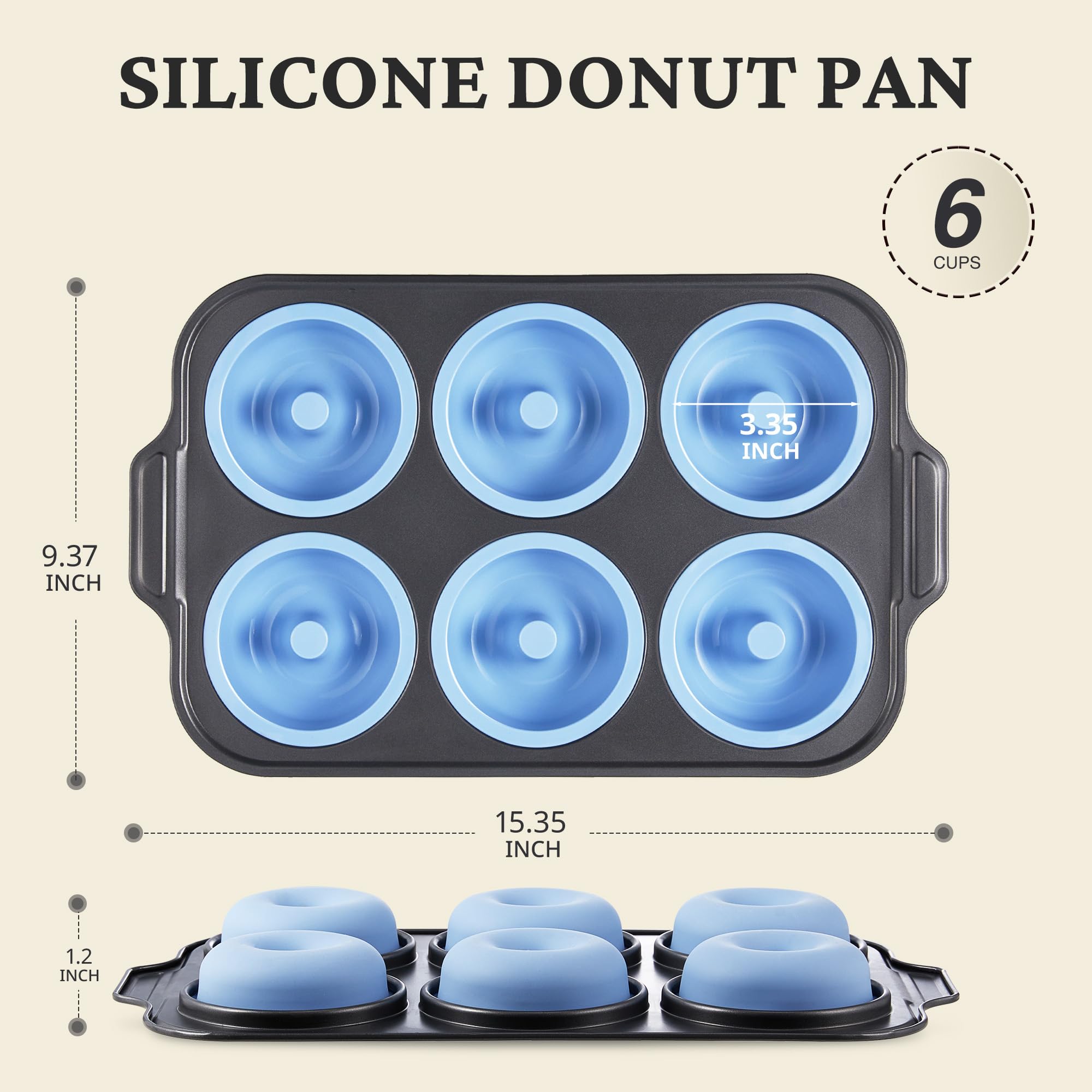 Silicone donut pan with carbon steel frame for baking six donuts, sky blue