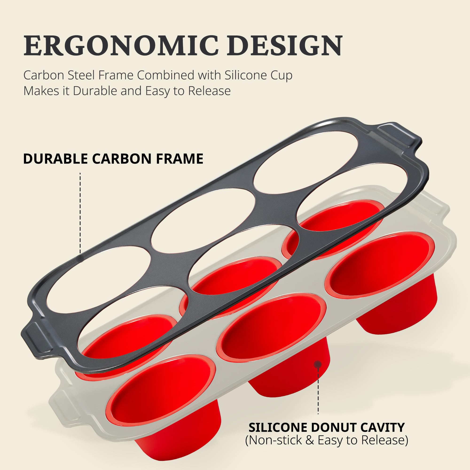 Silicone jumbo muffin and cupcake pan with carbon steel frame, 6 cup, red
