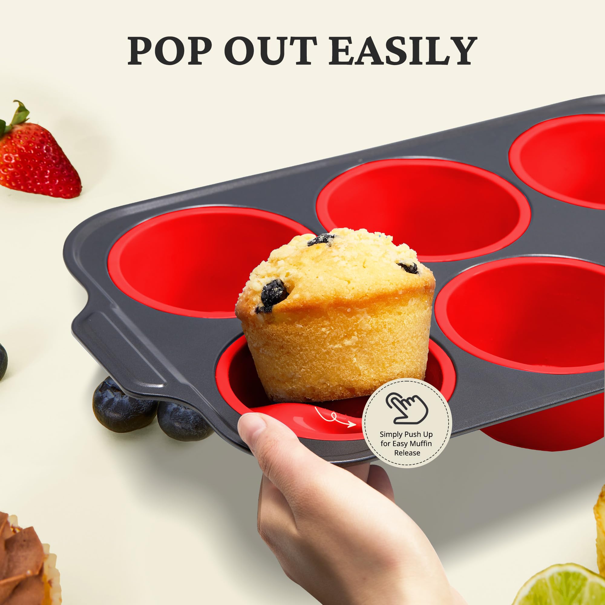 Silicone jumbo muffin and cupcake pan with carbon steel frame, 6 cup, red