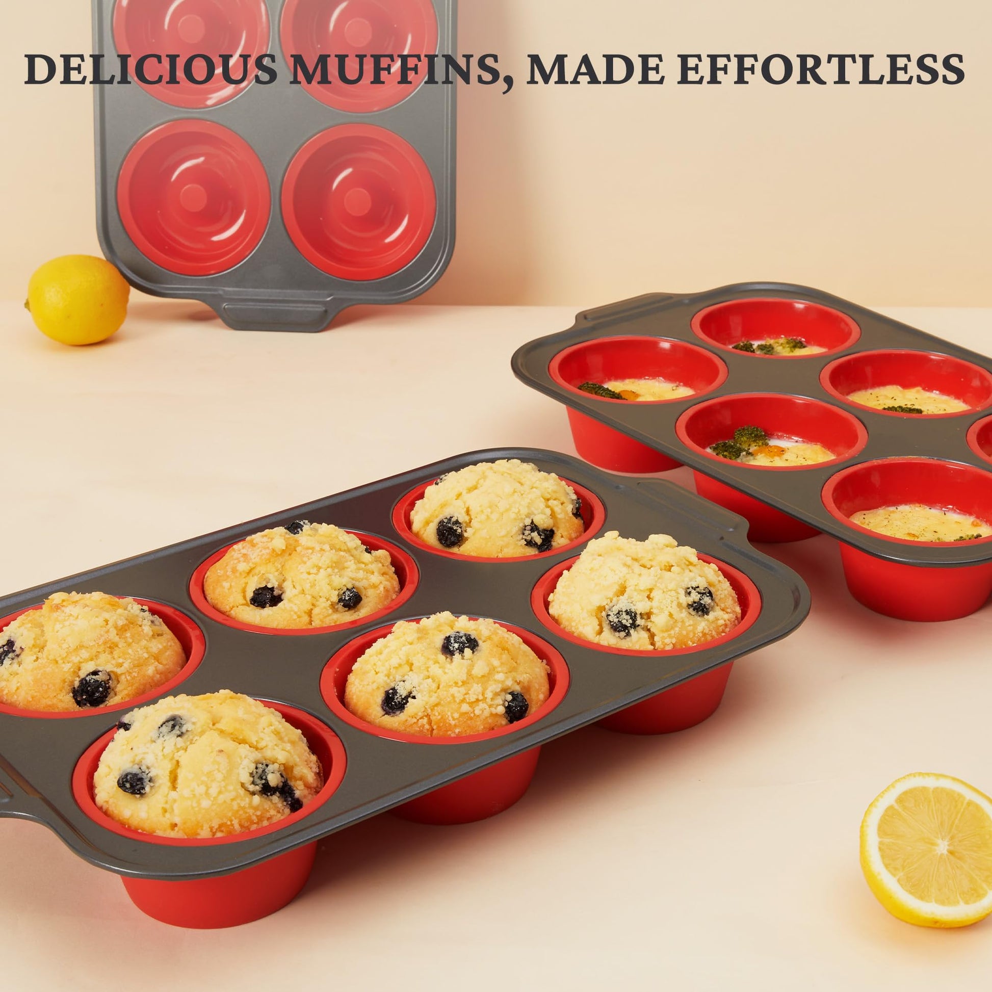 Silicone jumbo muffin and cupcake pan with carbon steel frame, 6 cup, red