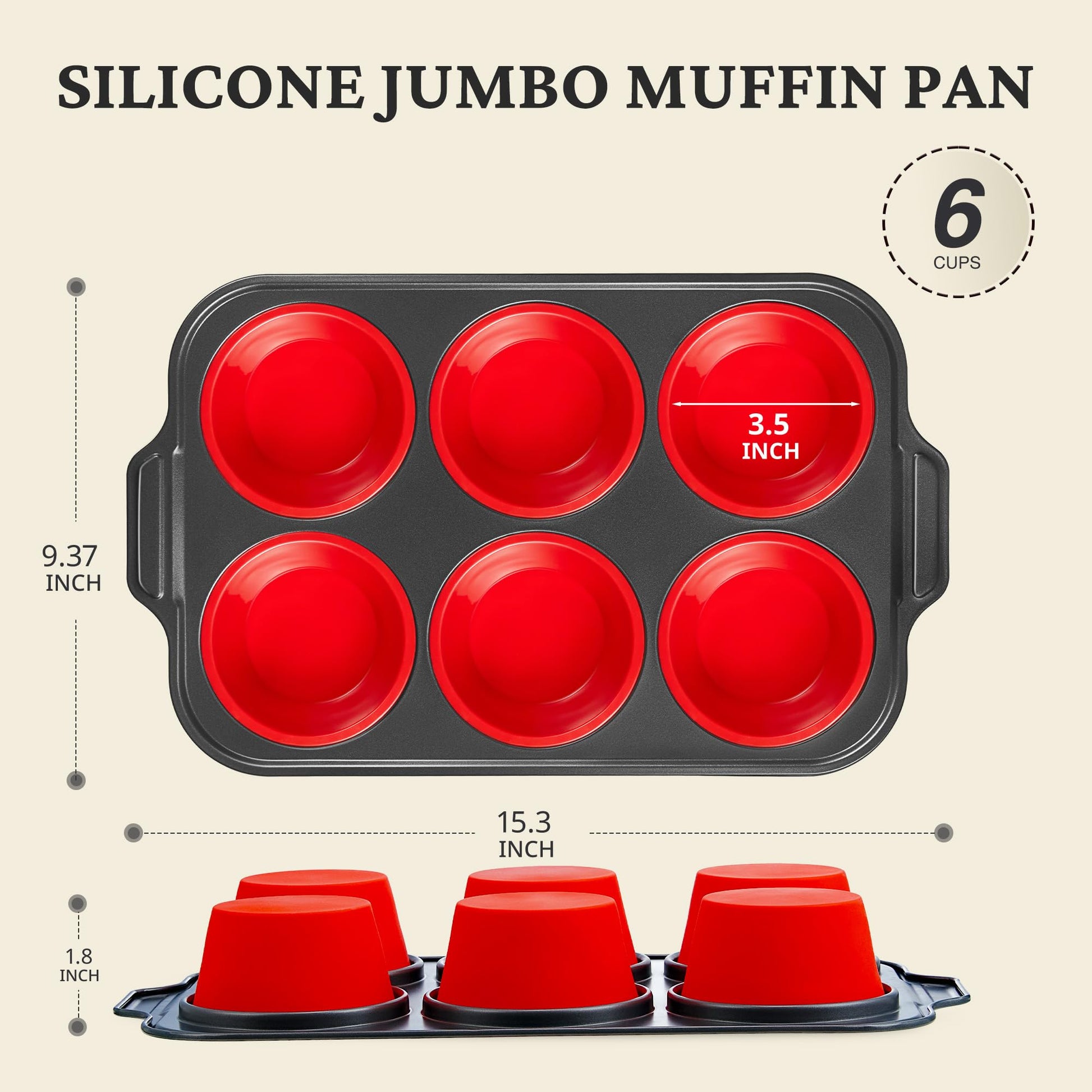 Silicone jumbo muffin and cupcake pan with carbon steel frame, 6 cup, red