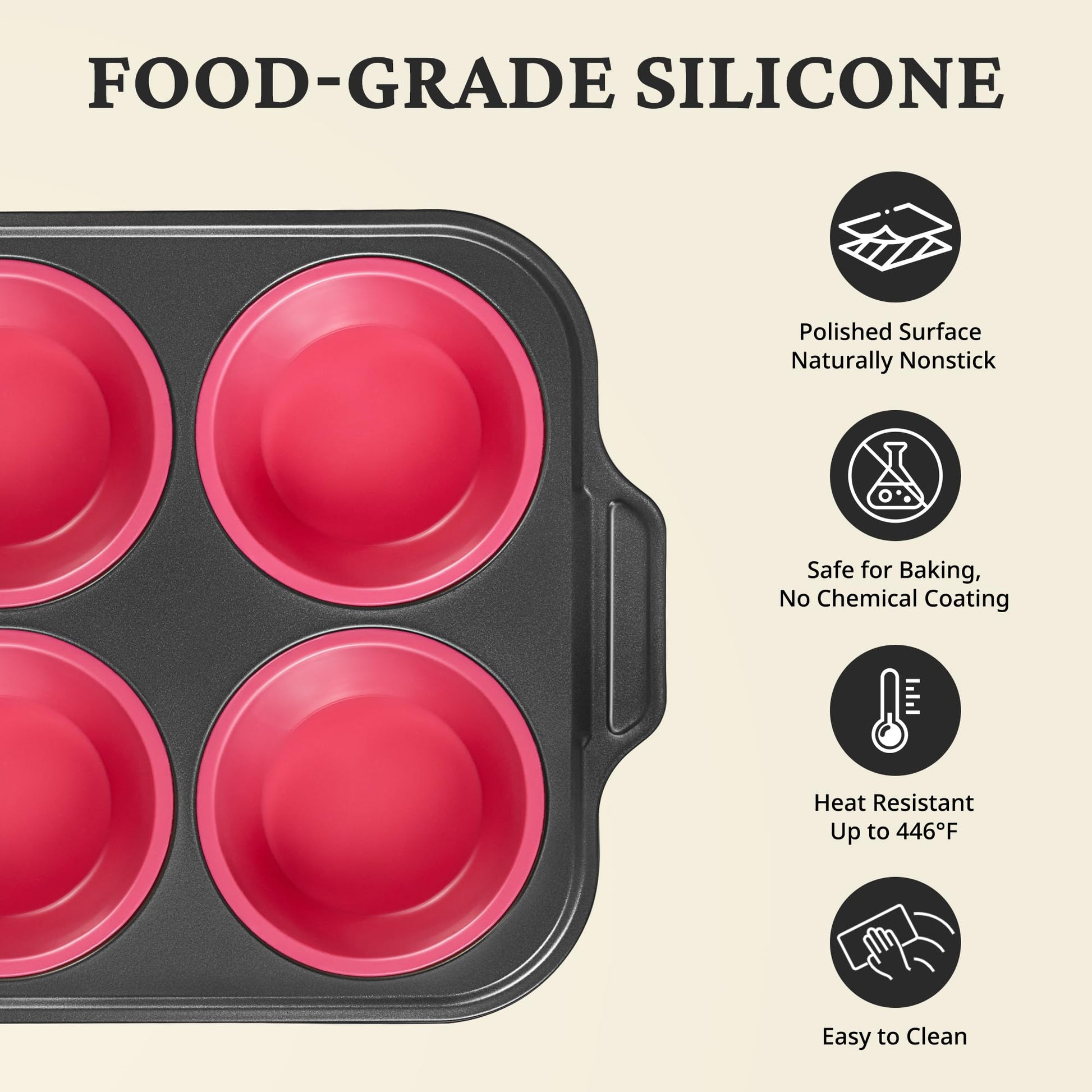 Silicone jumbo muffin and cupcake pan with carbon steel frame, 6 cup, rose