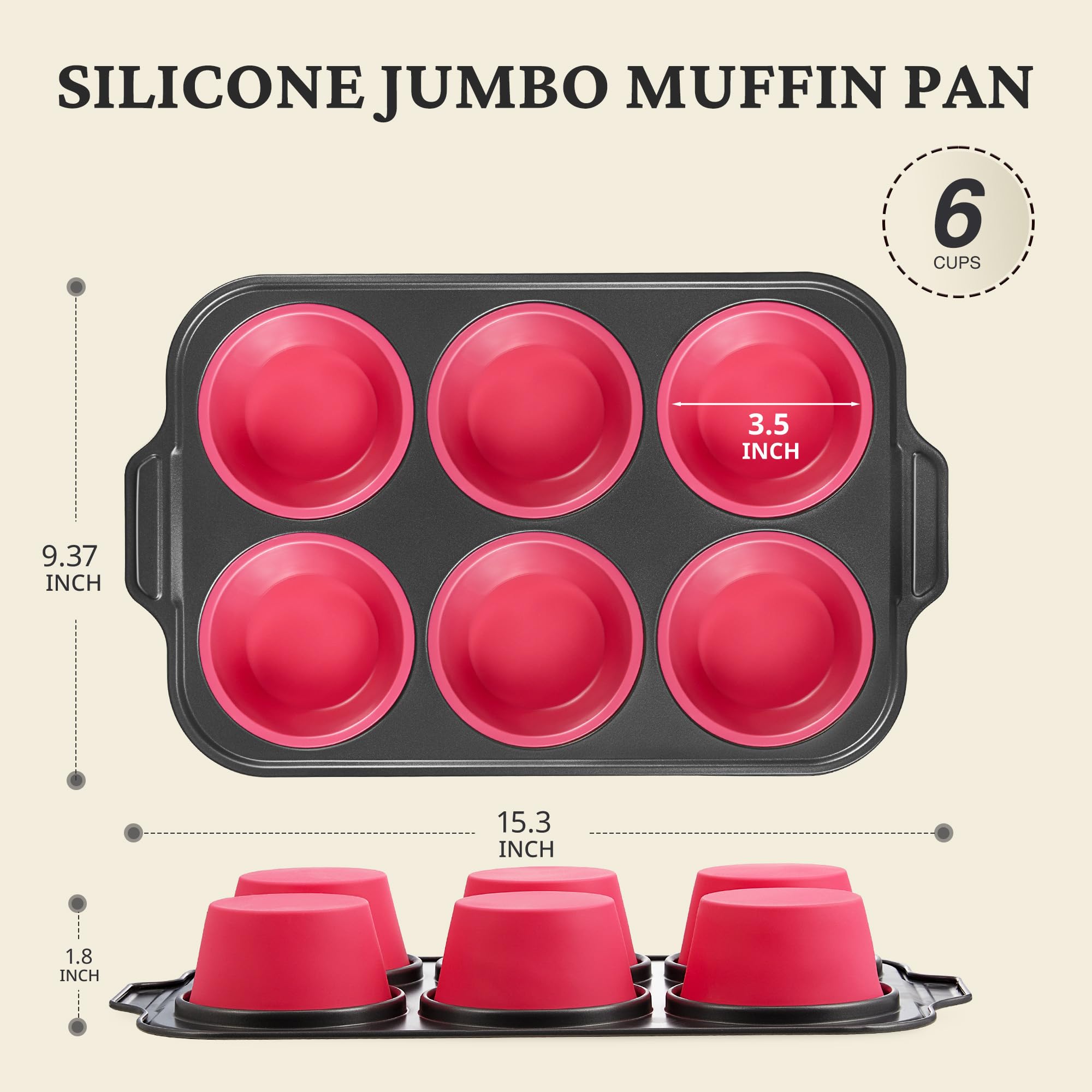 Silicone jumbo muffin and cupcake pan with carbon steel frame, 6 cup, rose