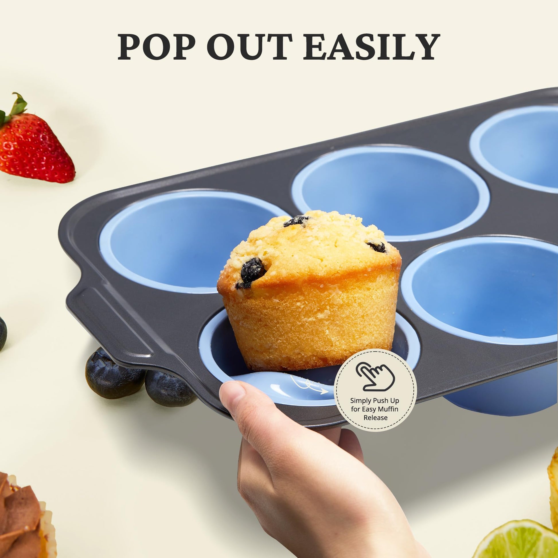 Silicone jumbo muffin and cupcake pan with carbon steel frame, 6 cup, sky blue