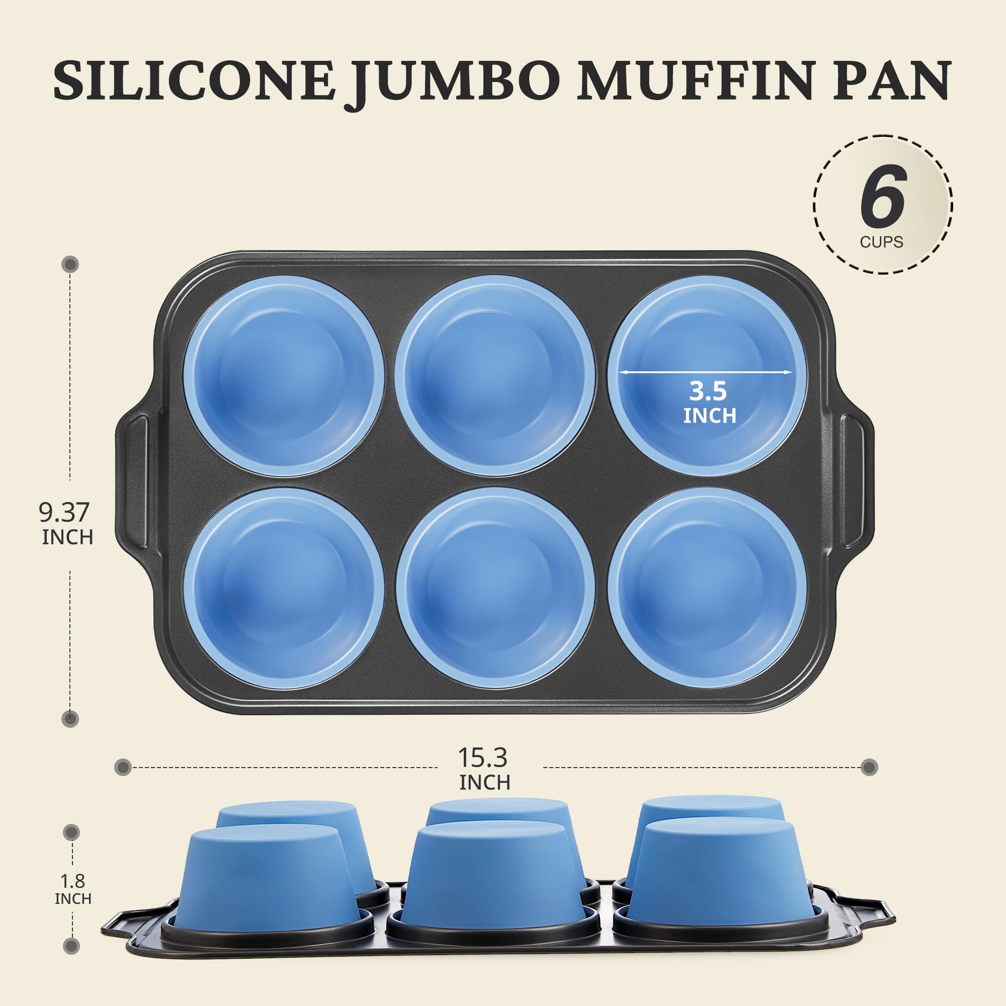 Silicone jumbo muffin and cupcake pan with carbon steel frame, 6 cup, sky blue