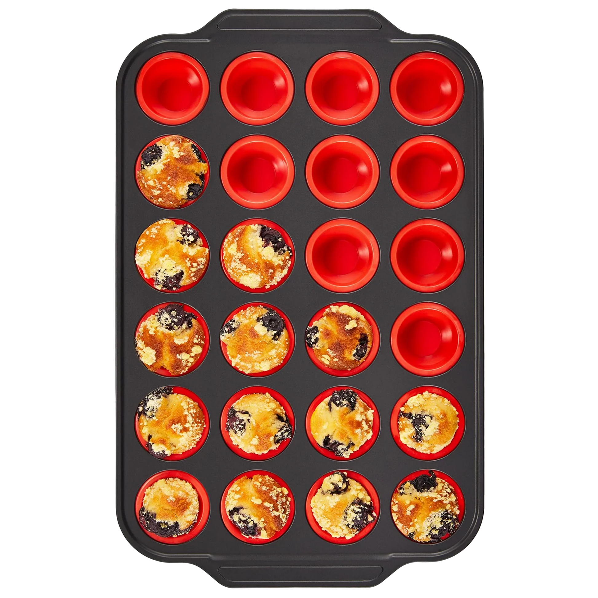 Silicone mini muffin and cupcake pan with carbon steel frame, 24 cup, red