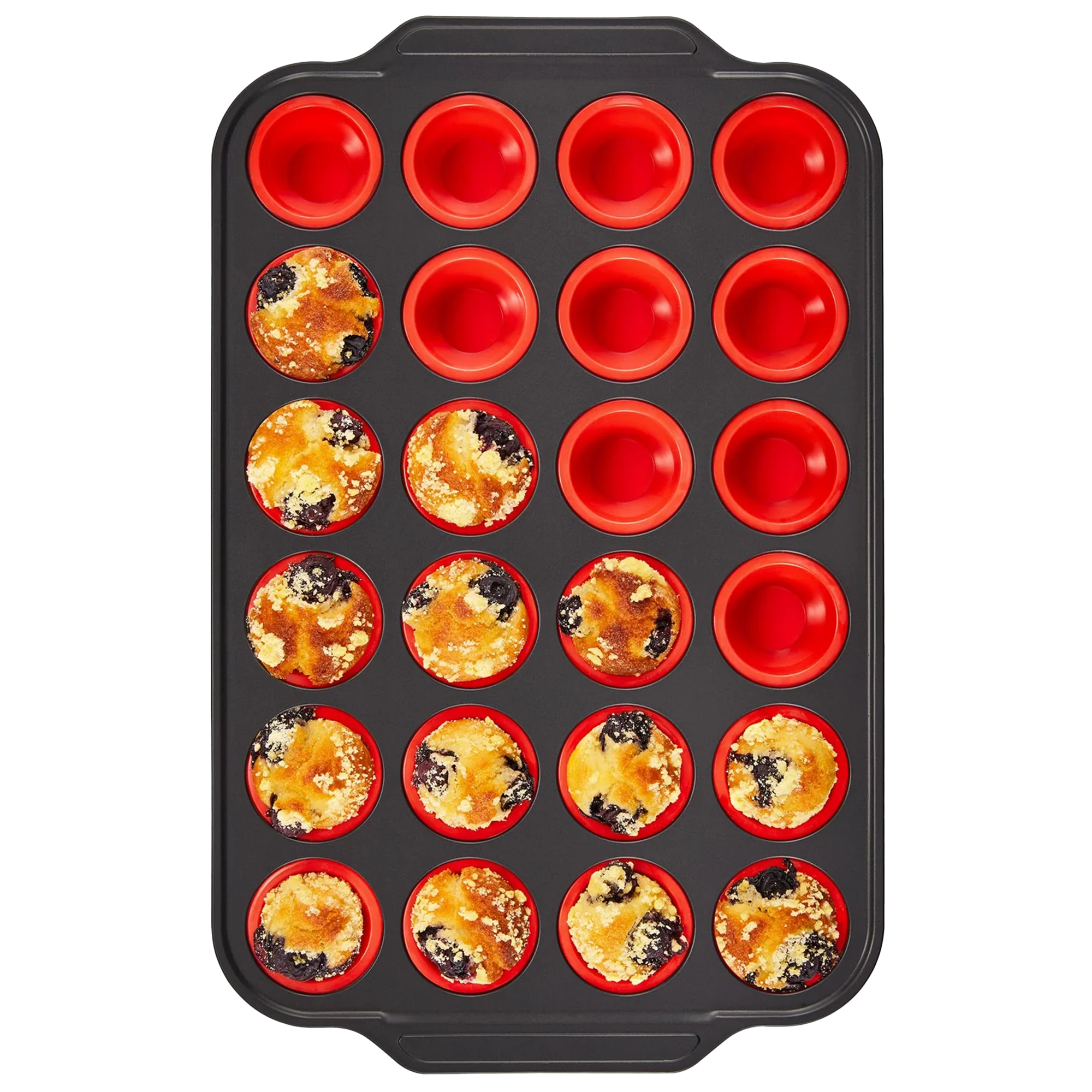 Silicone mini muffin and cupcake pan with carbon steel frame, 24 cup, red