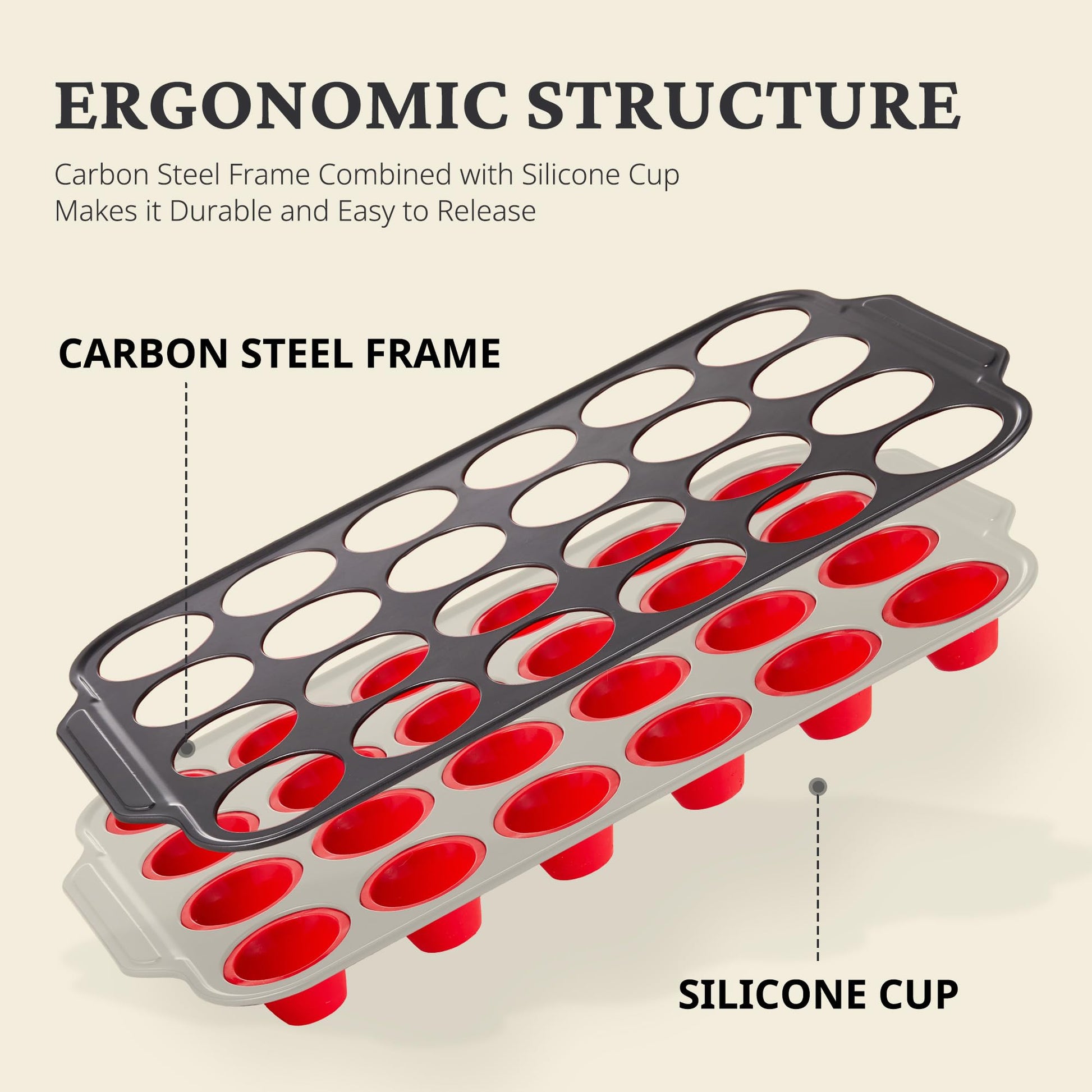 Silicone mini muffin and cupcake pan with carbon steel frame, 24 cup, red