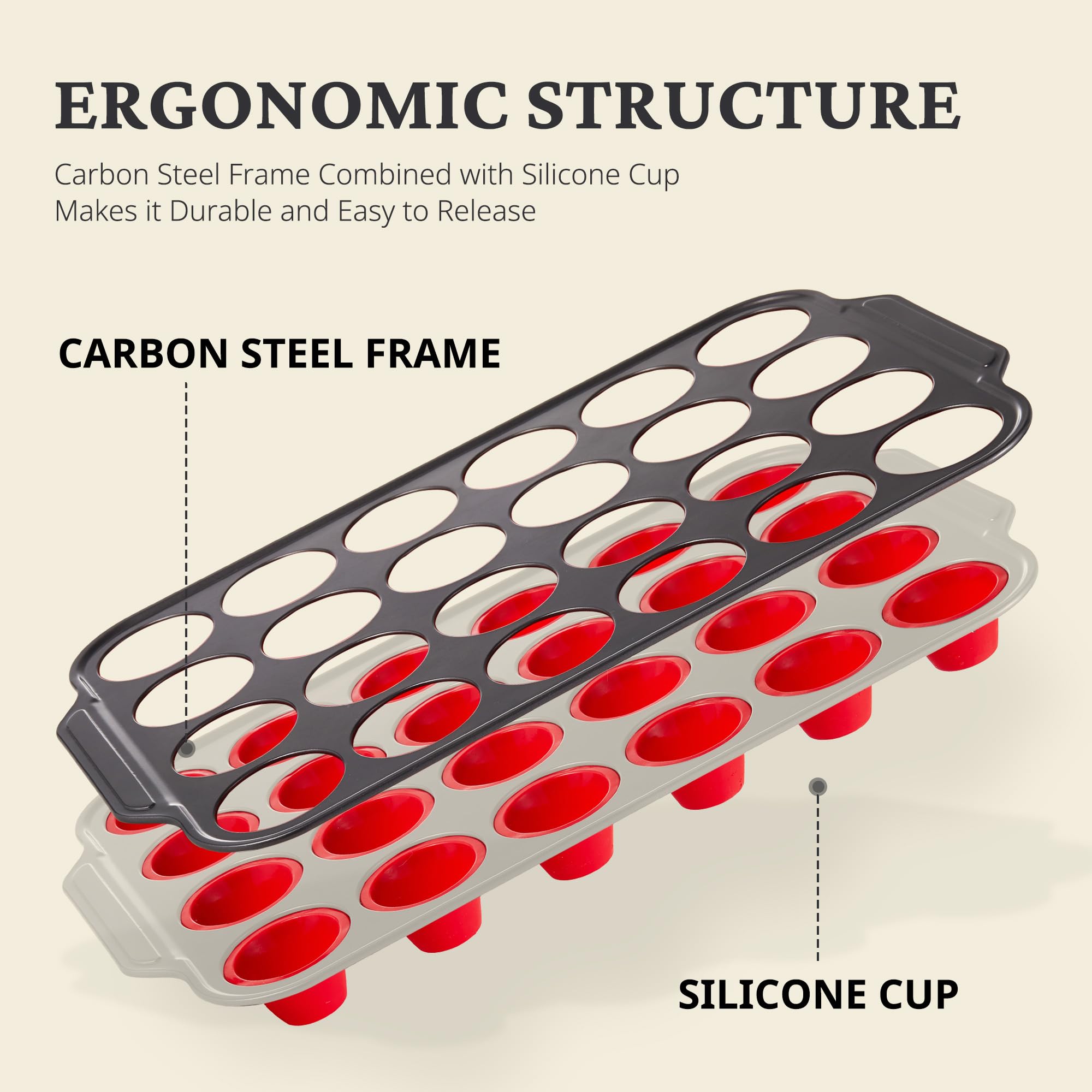 Silicone mini muffin and cupcake pan with carbon steel frame, 24 cup, red