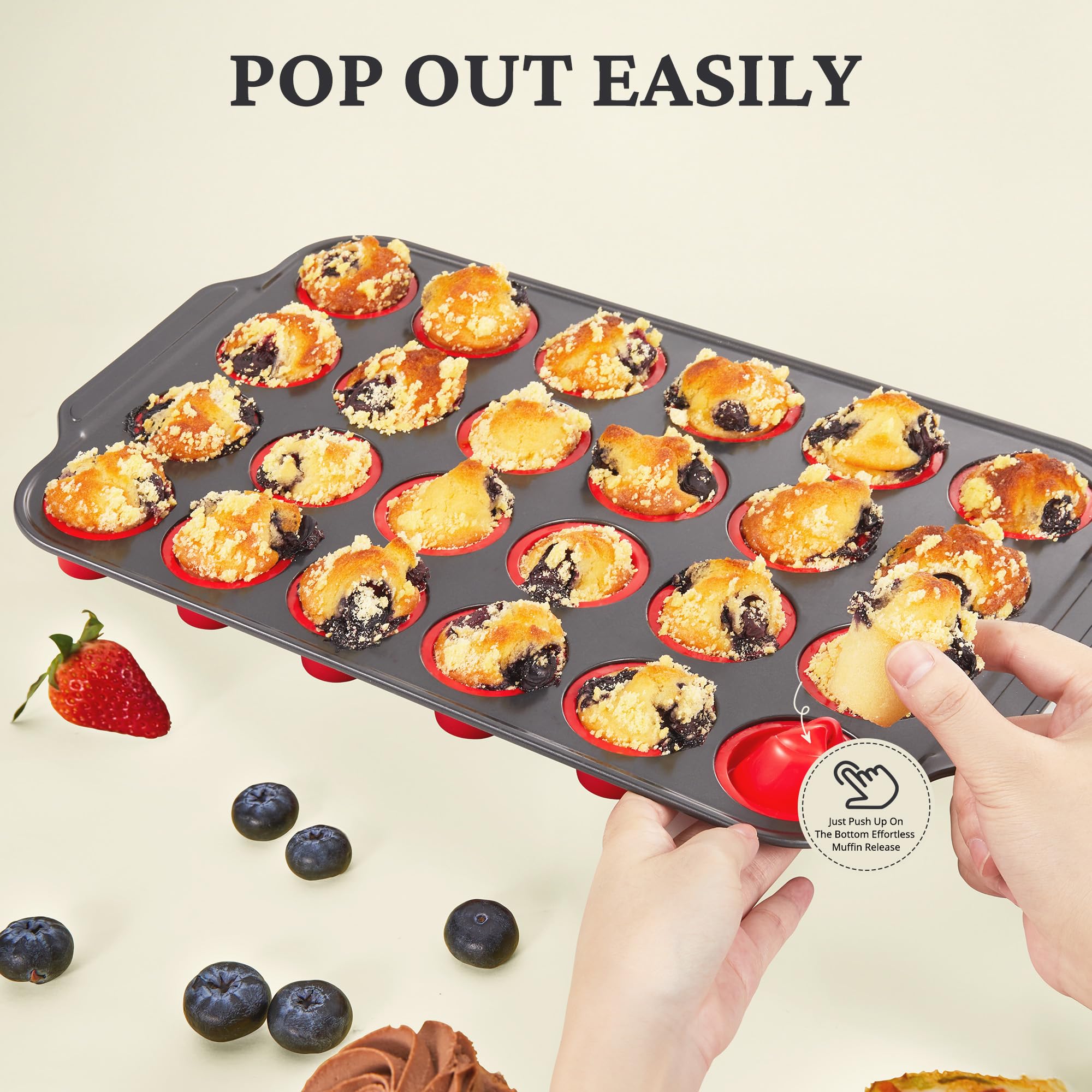 Silicone mini muffin and cupcake pan with carbon steel frame, 24 cup, red