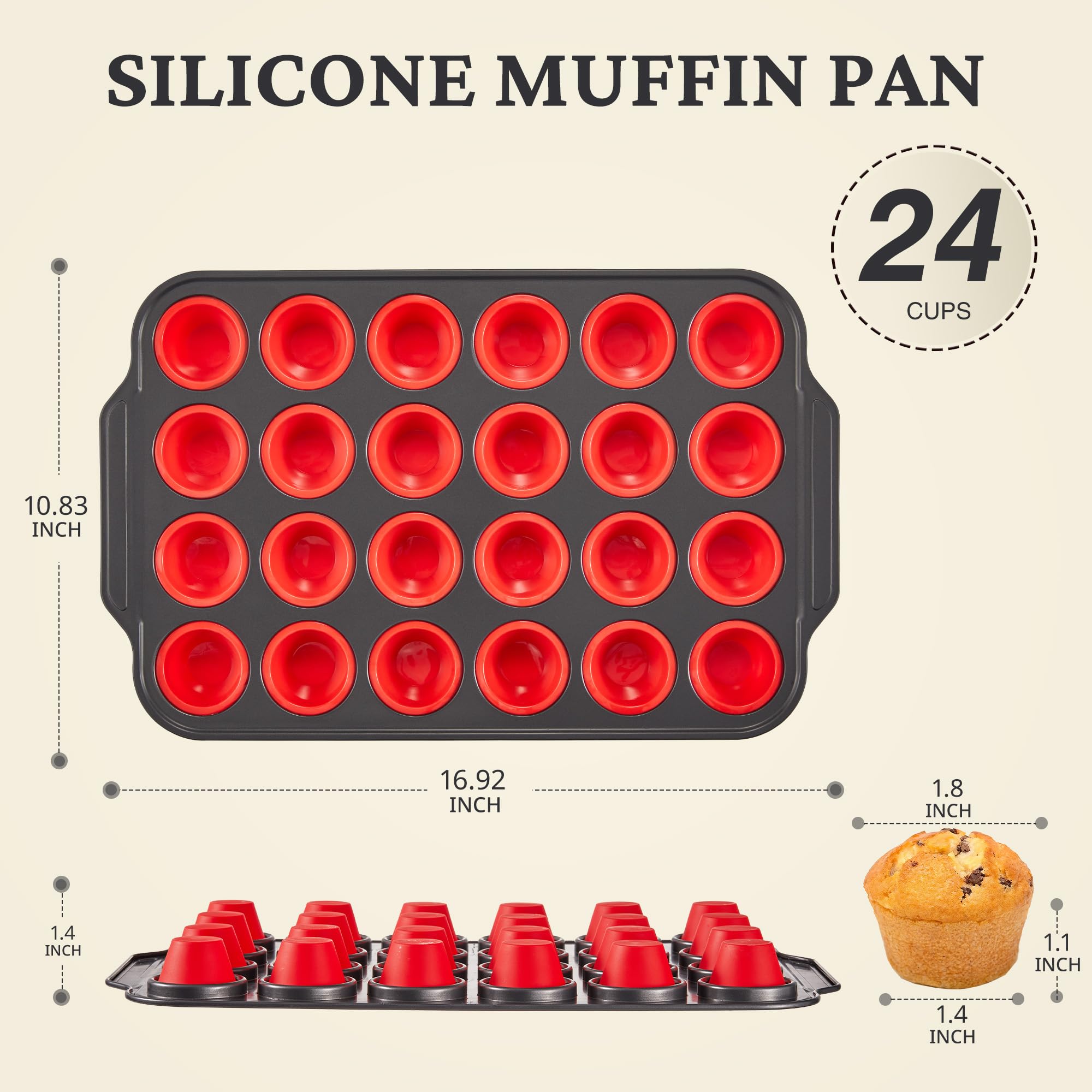 Silicone mini muffin and cupcake pan with carbon steel frame, 24 cup, red