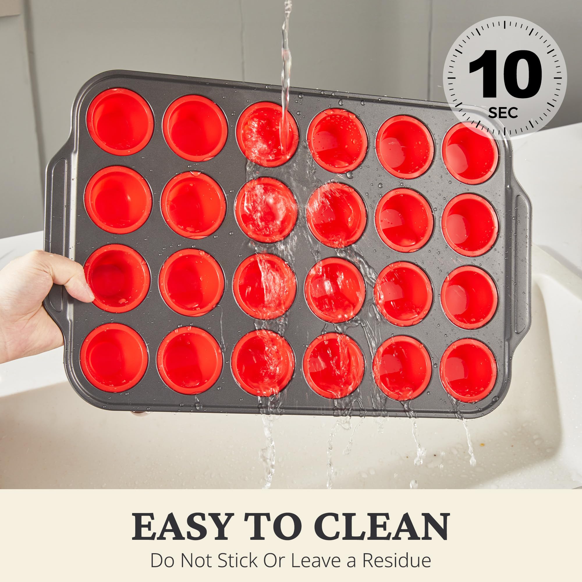 Silicone mini muffin and cupcake pan with carbon steel frame, 24 cup, red