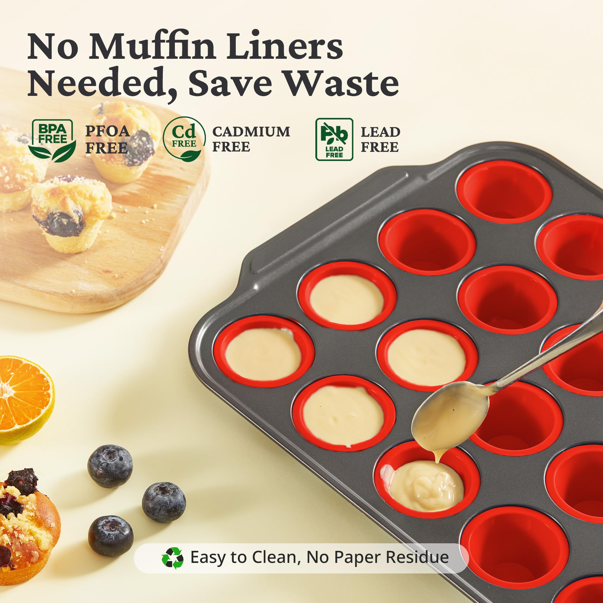 Silicone mini muffin and cupcake pan with carbon steel frame, 24 cup, red
