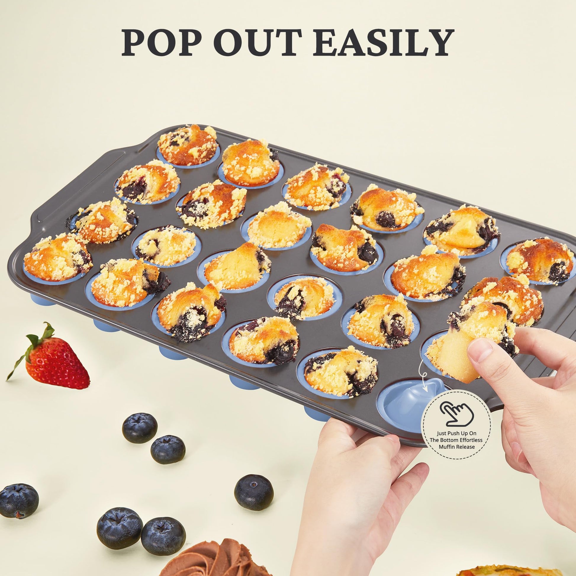 Silicone mini muffin and cupcake pan with carbon steel frame, 24 cup, sky blue
