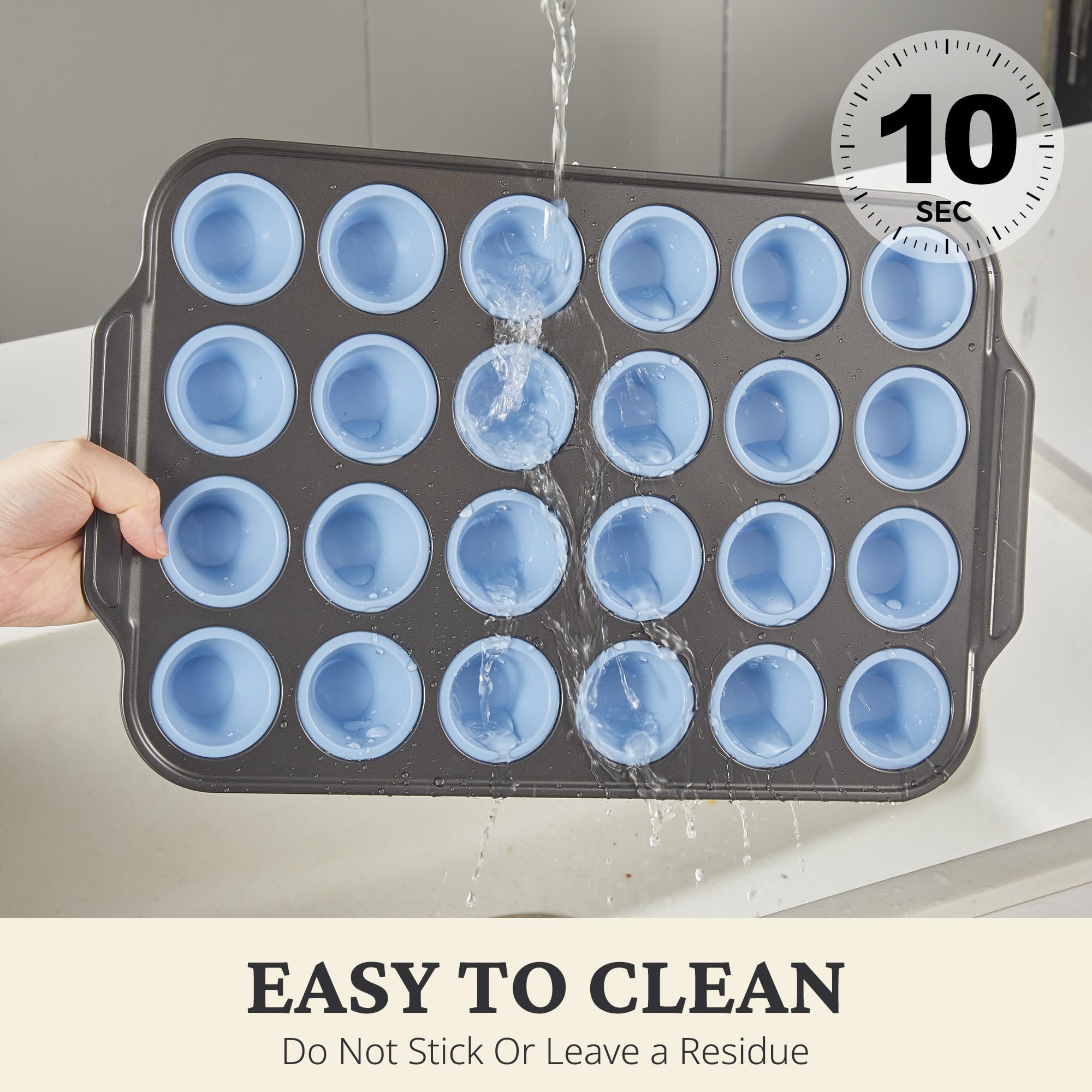 Silicone mini muffin and cupcake pan with carbon steel frame, 24 cup, sky blue