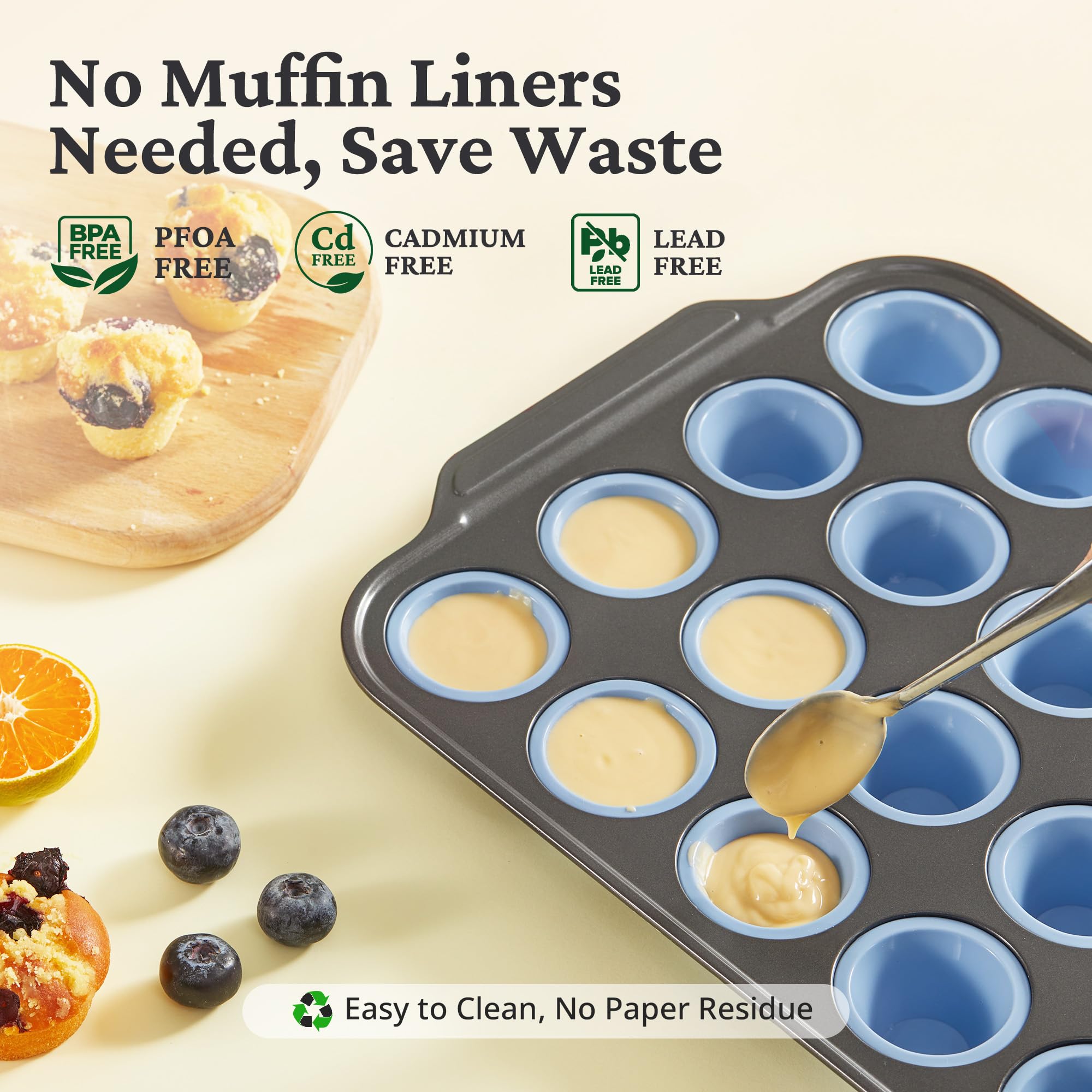 Silicone mini muffin and cupcake pan with carbon steel frame, 24 cup, sky blue