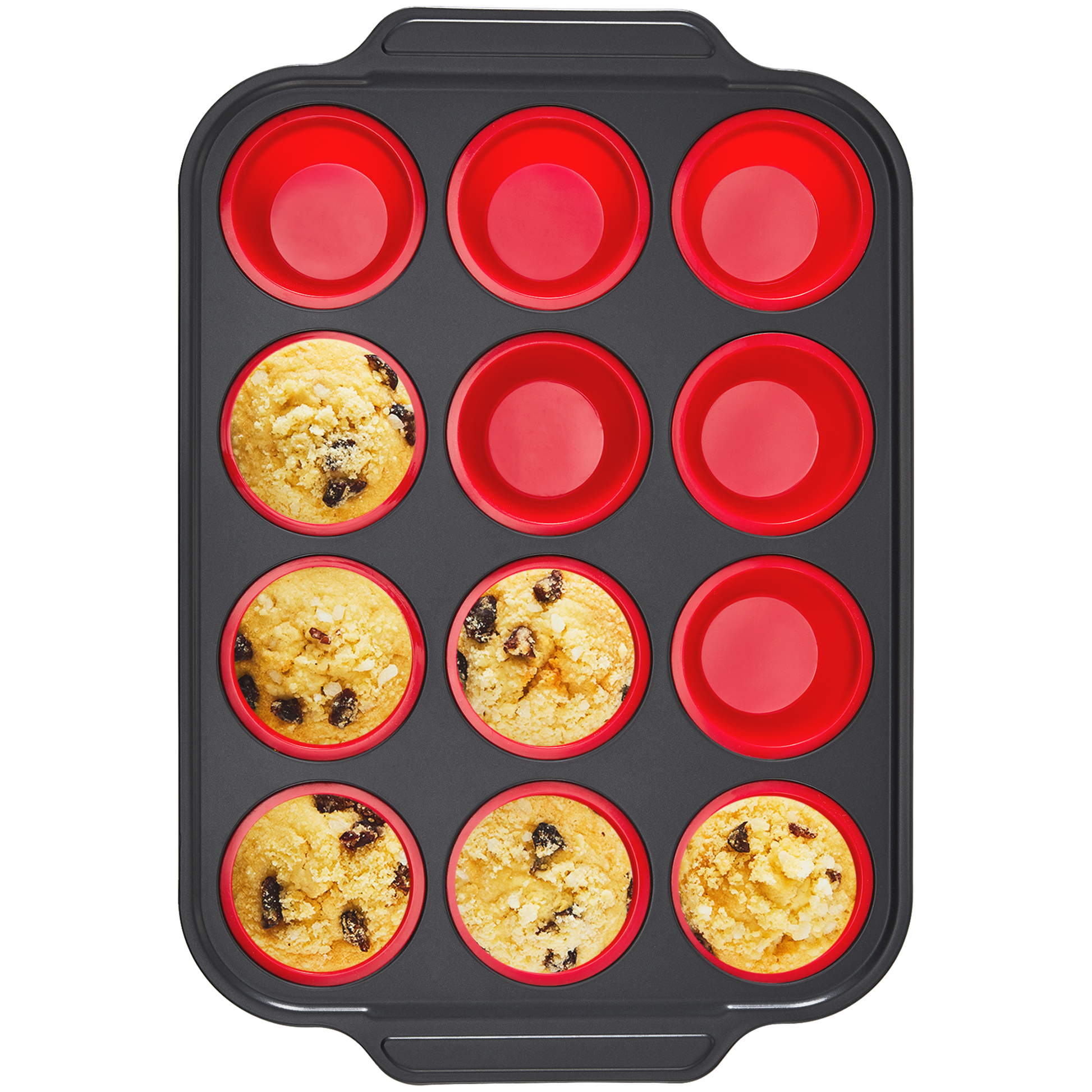Silicone muffin and cupcake pan with carbon steel frame, 12 cup, red