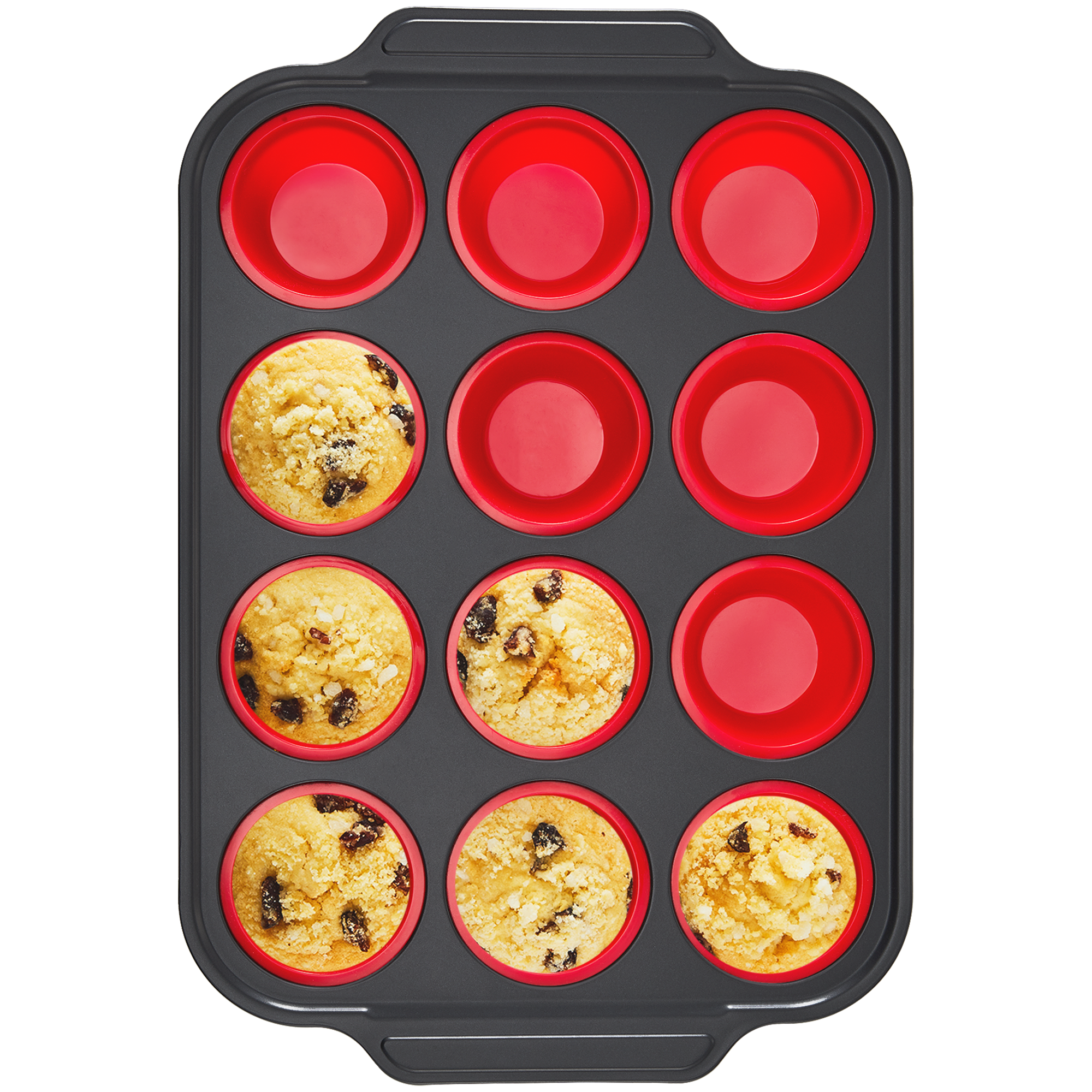 Silicone muffin and cupcake pan with carbon steel frame, 12 cup, red