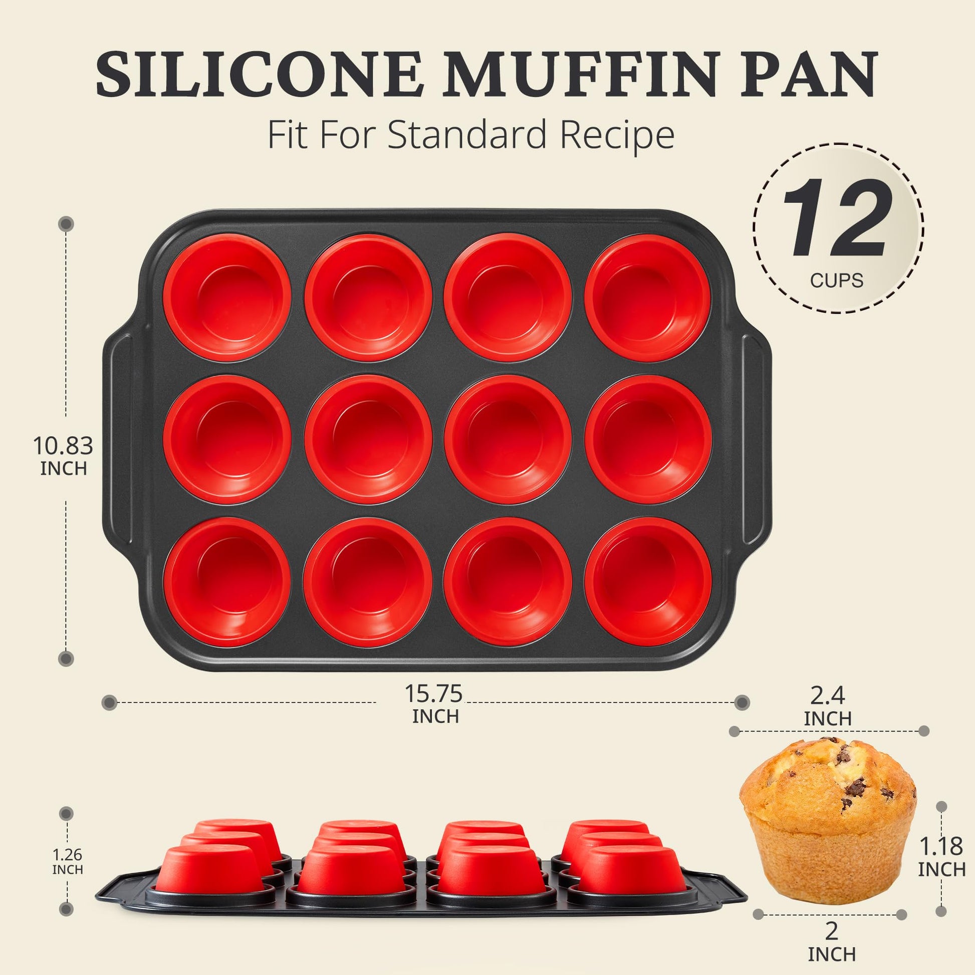 Silicone muffin and cupcake pan with carbon steel frame, 12 cup, red
