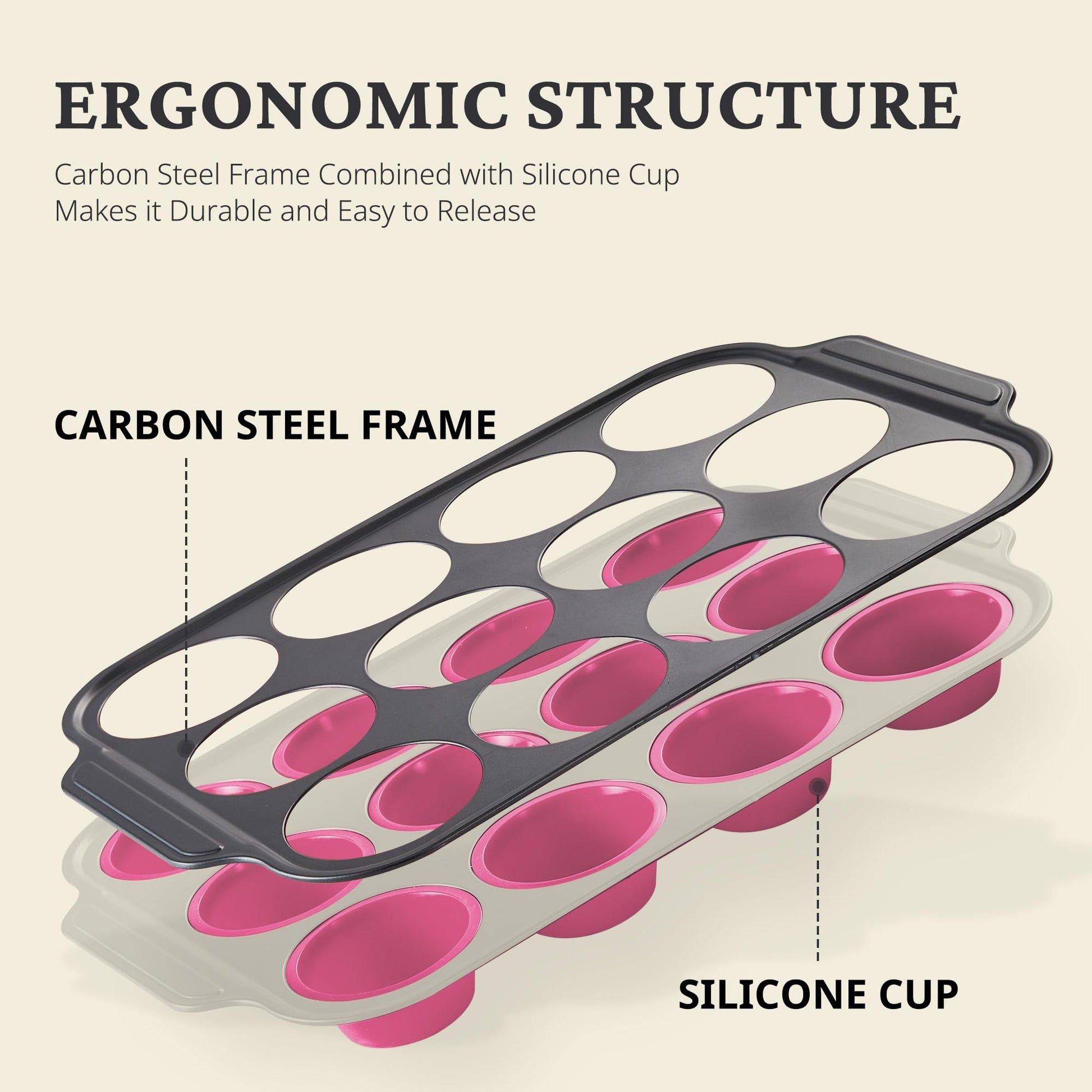 Silicone muffin and cupcake pan with carbon steel frame, 12 cup, rose