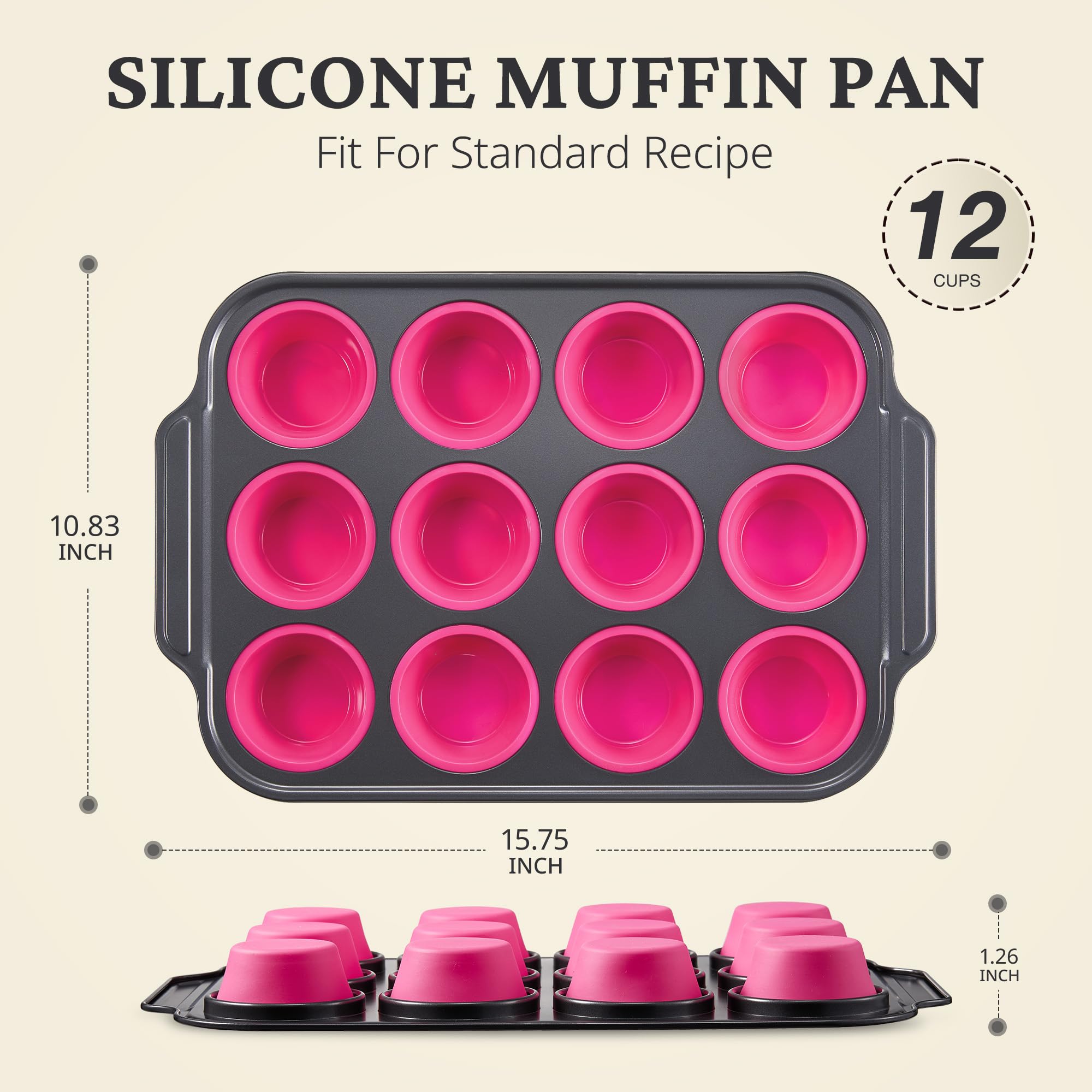 Silicone muffin and cupcake pan with carbon steel frame, 12 cup, rose