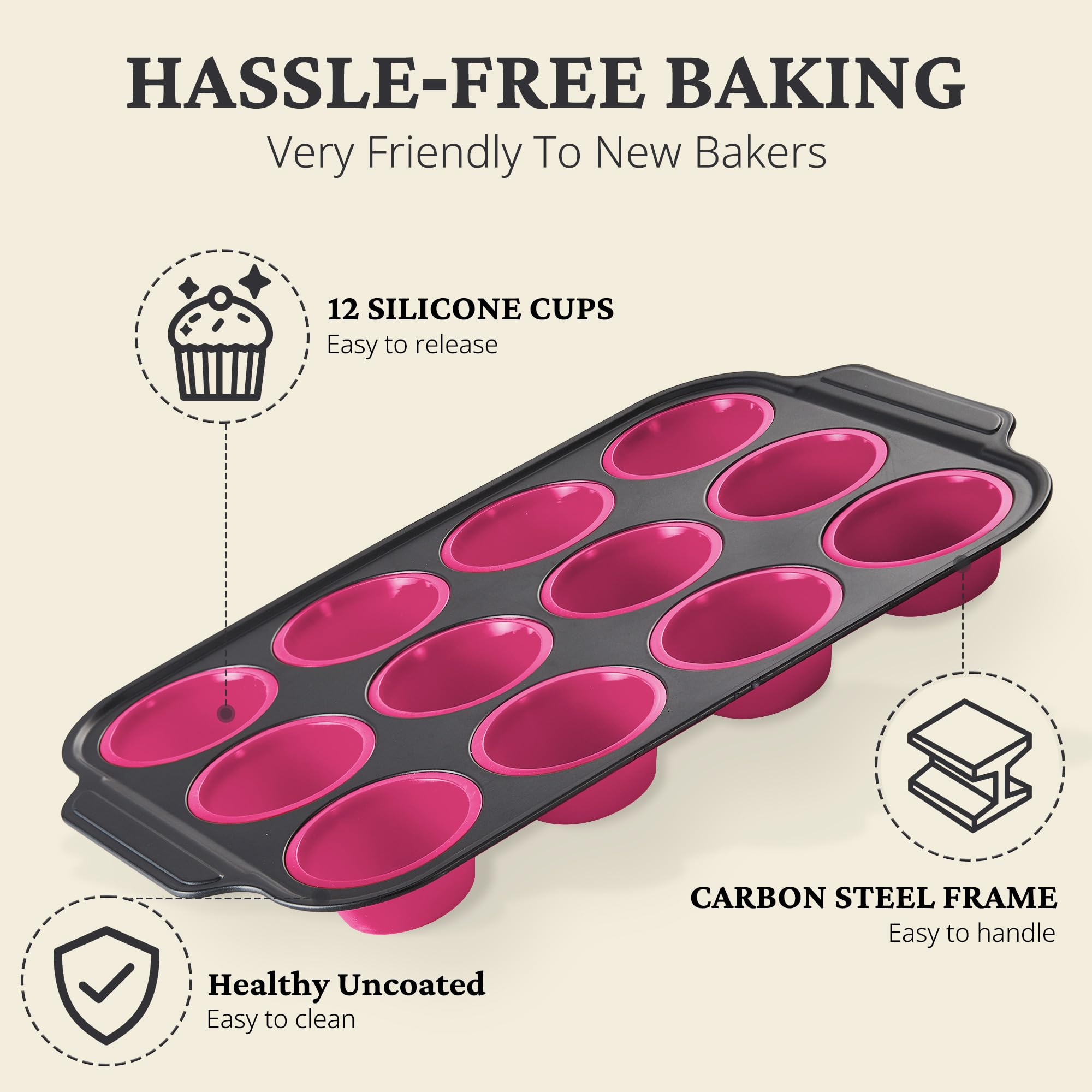 Silicone muffin and cupcake pan with carbon steel frame, 12 cup, rose