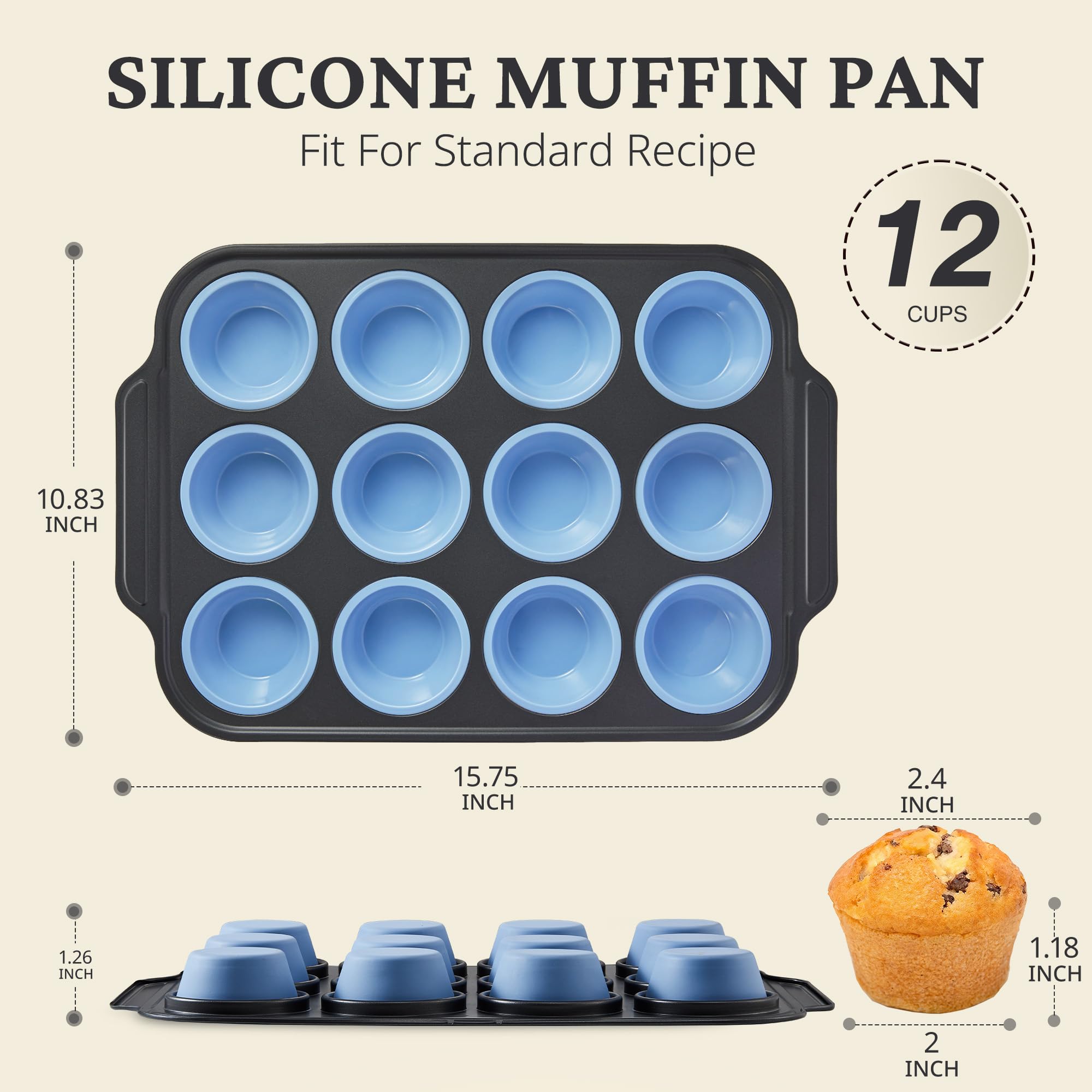 Silicone muffin and cupcake pan with carbon steel frame, 12 cup, sky blue