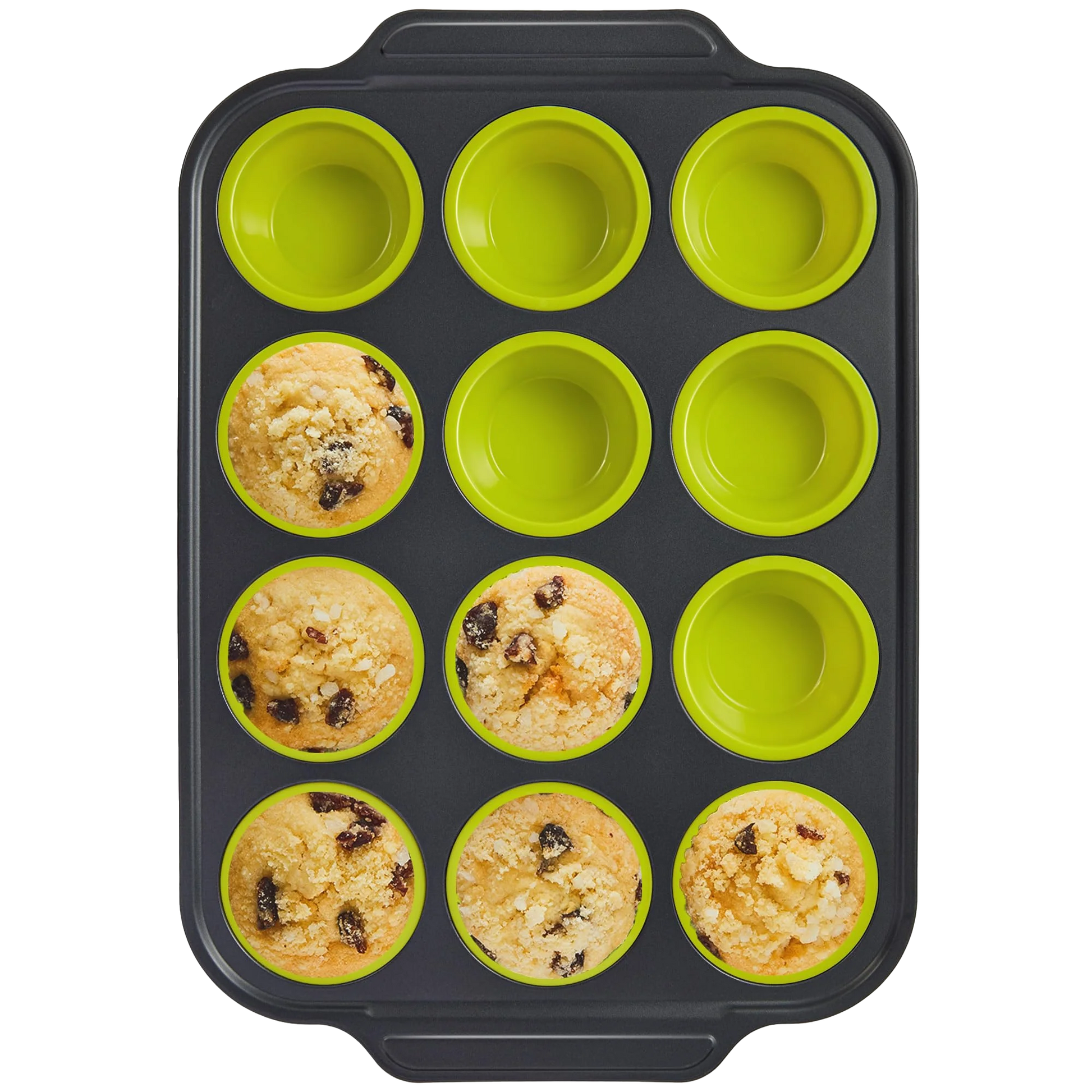 Silicone muffin and cupcake pan with carbon steel frame, 12 cup, yellow green
