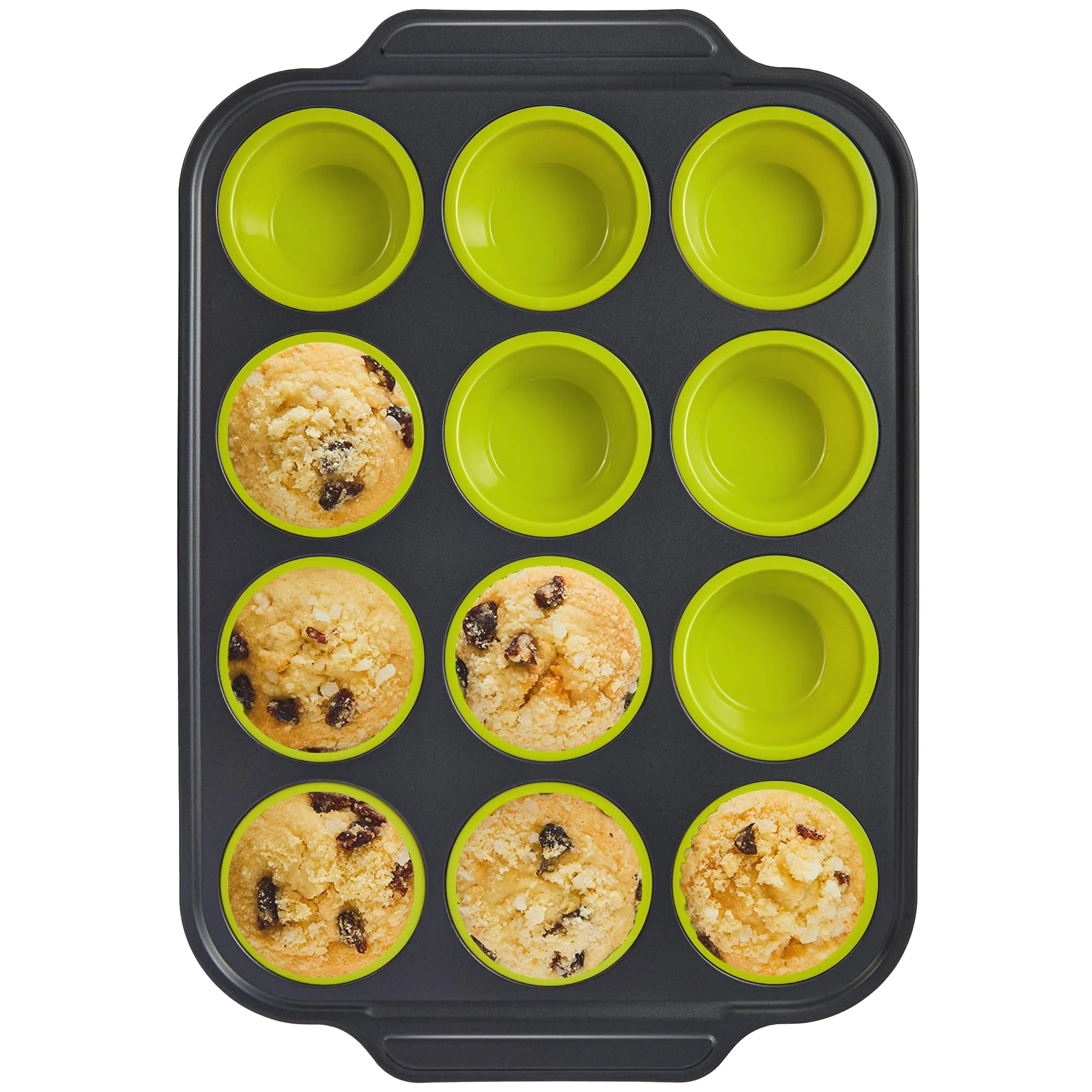 Silicone muffin and cupcake pan with carbon steel frame, 12 cup, yellow green