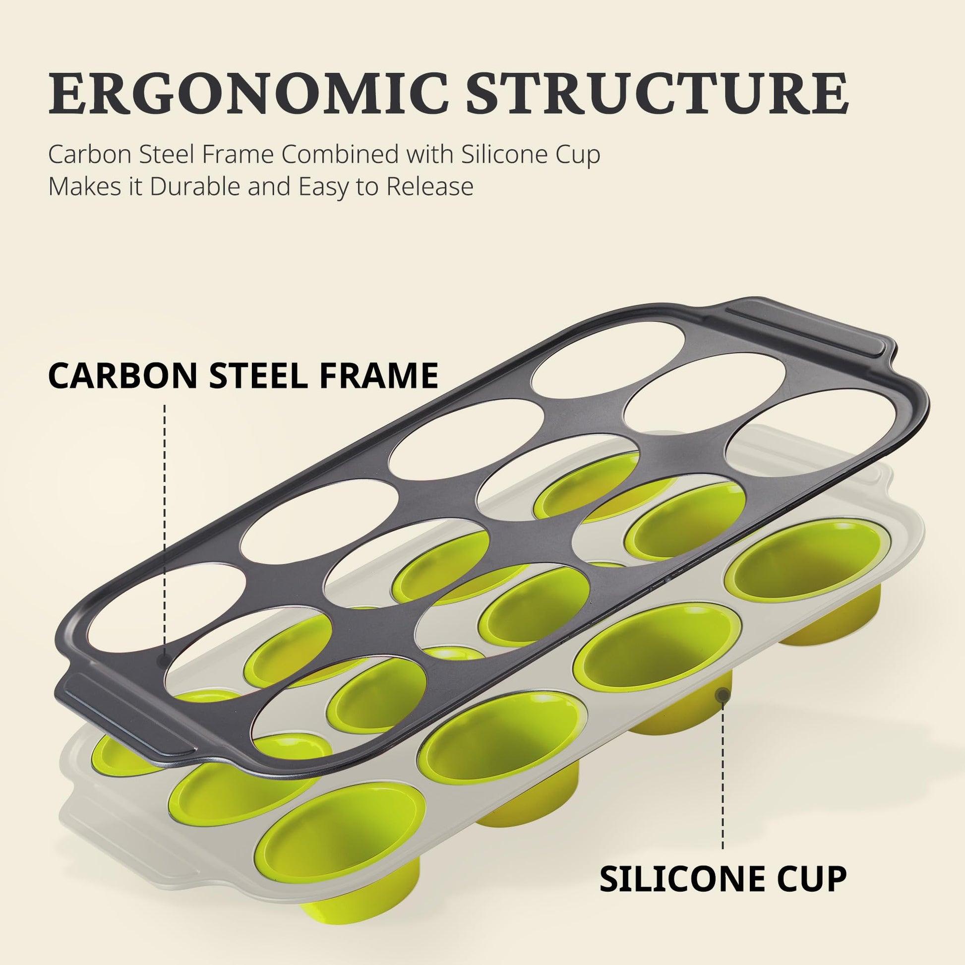 Silicone muffin and cupcake pan with carbon steel frame, 12 cup, yellow green
