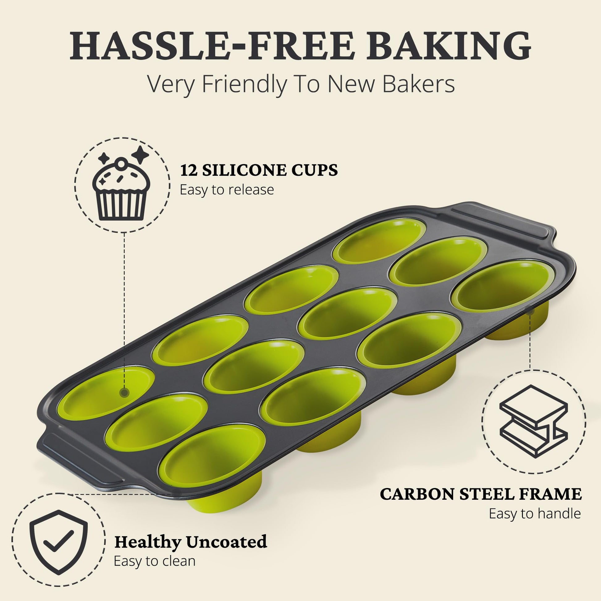 Silicone muffin and cupcake pan with carbon steel frame, 12 cup, yellow green