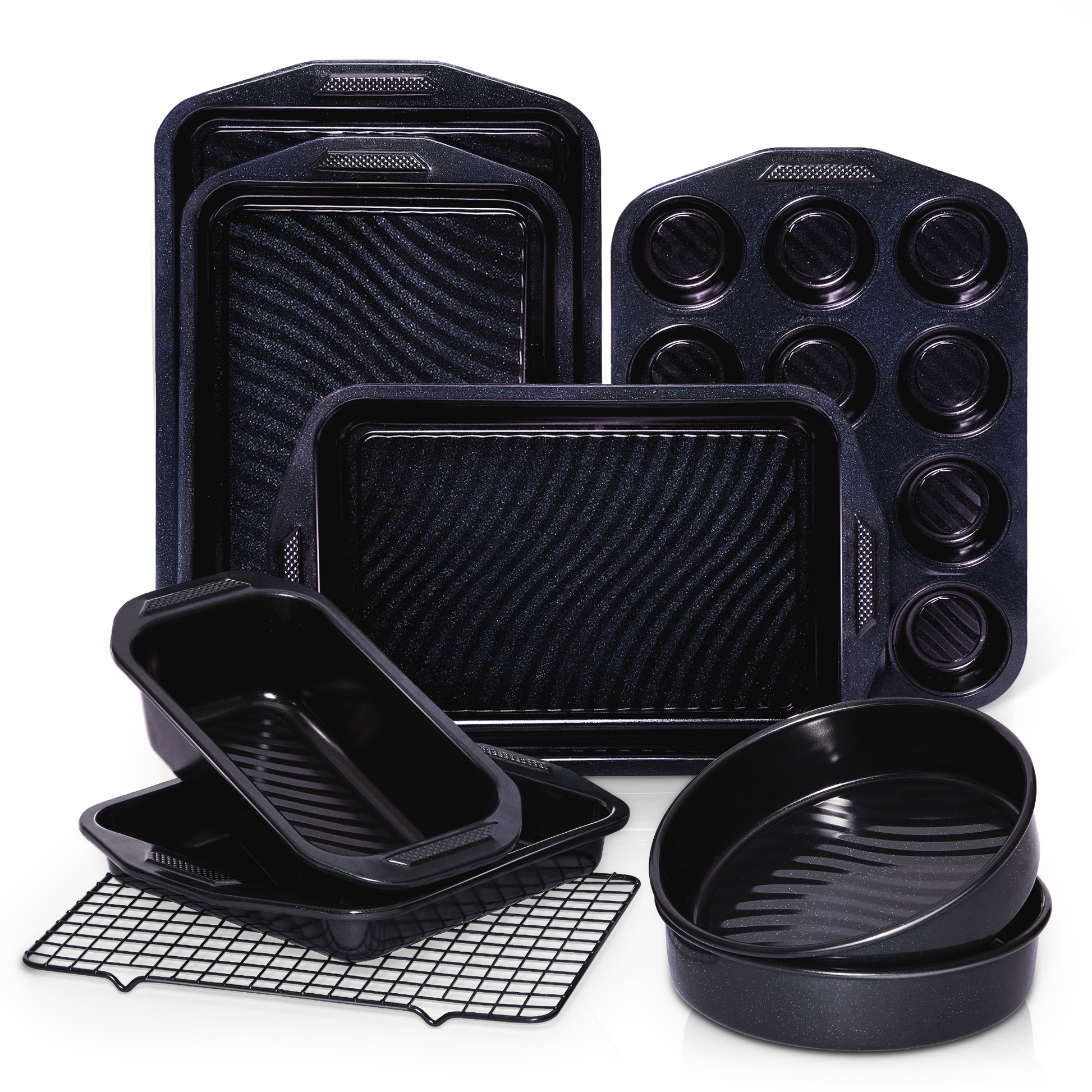 Wave texture nonstick bakeware set with nine essential pieces designed for even heating and reduced oil contact
