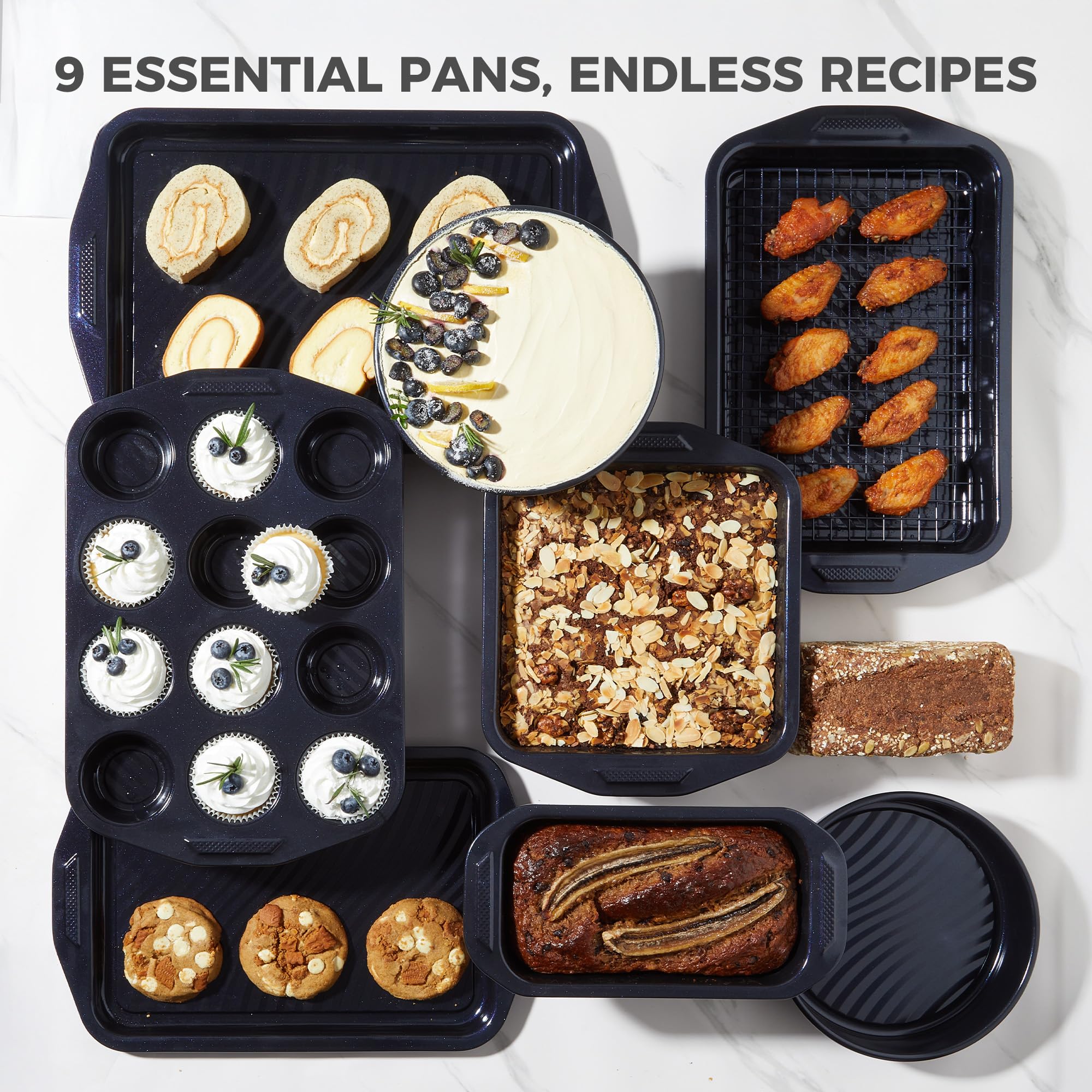 Wave texture nonstick bakeware set with nine essential pieces designed for even heating and reduced oil contact