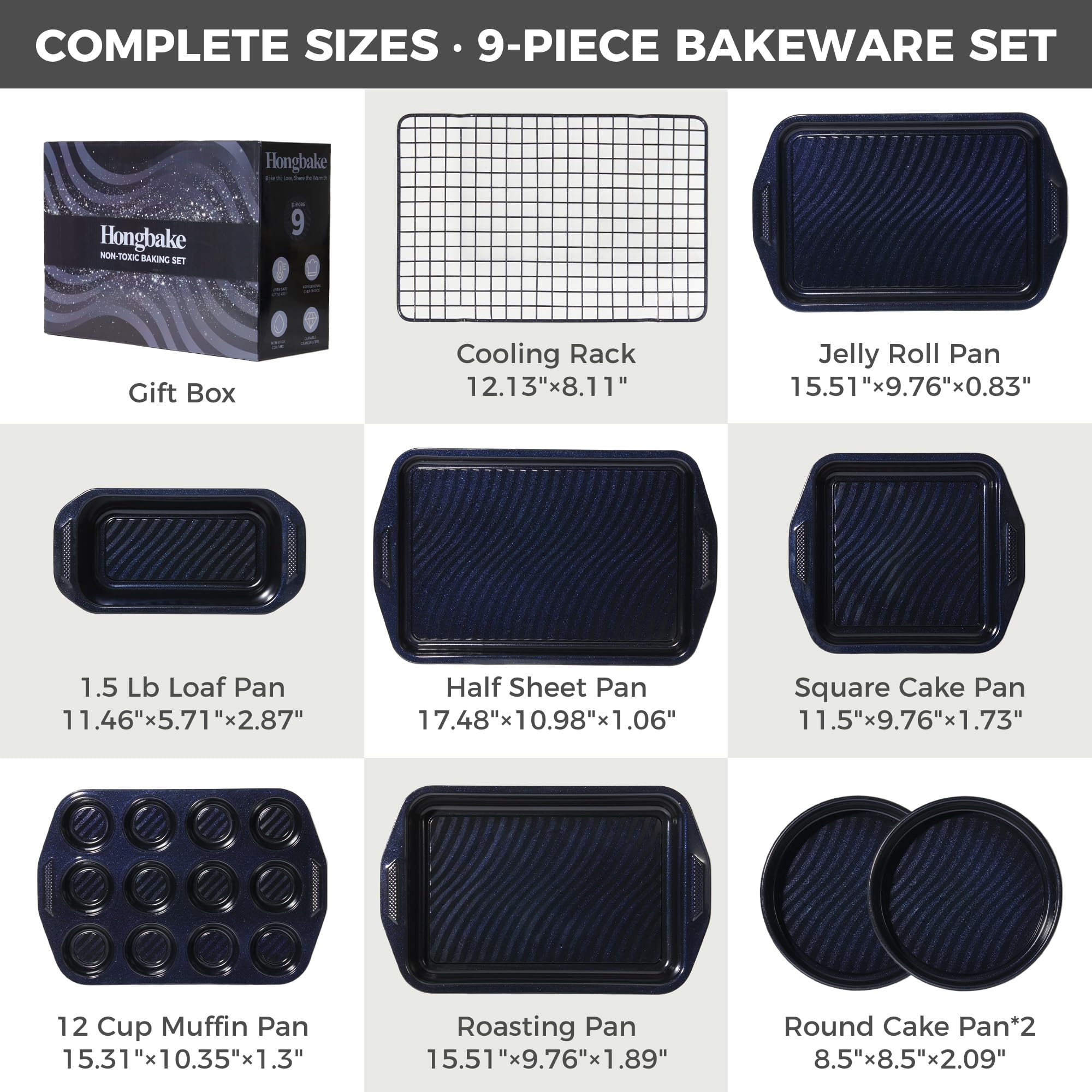 Wave texture nonstick bakeware set with nine essential pieces designed for even heating and reduced oil contact