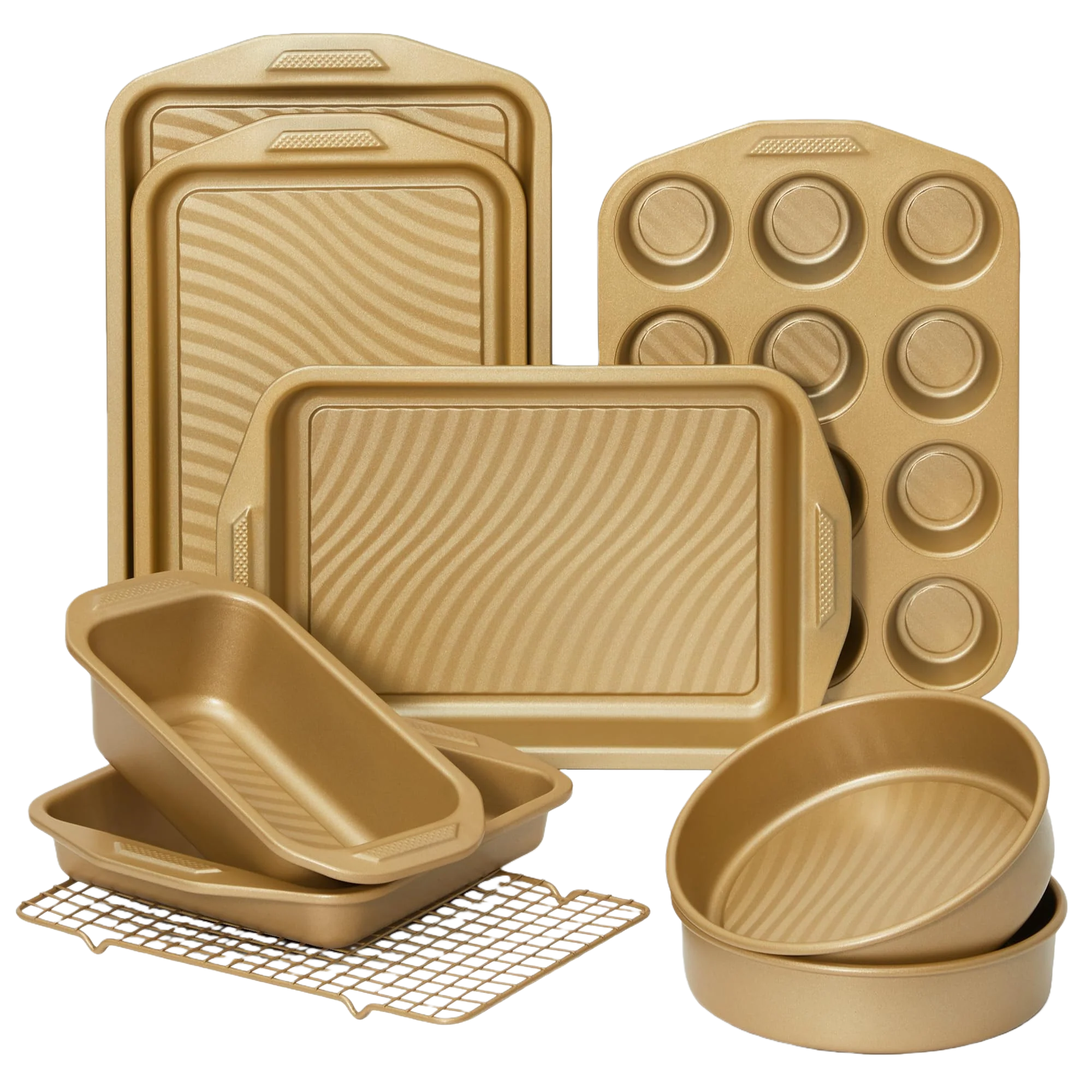 Wave texture nonstick bakeware set with nine essential pieces designed for even heating and reduced oil contact