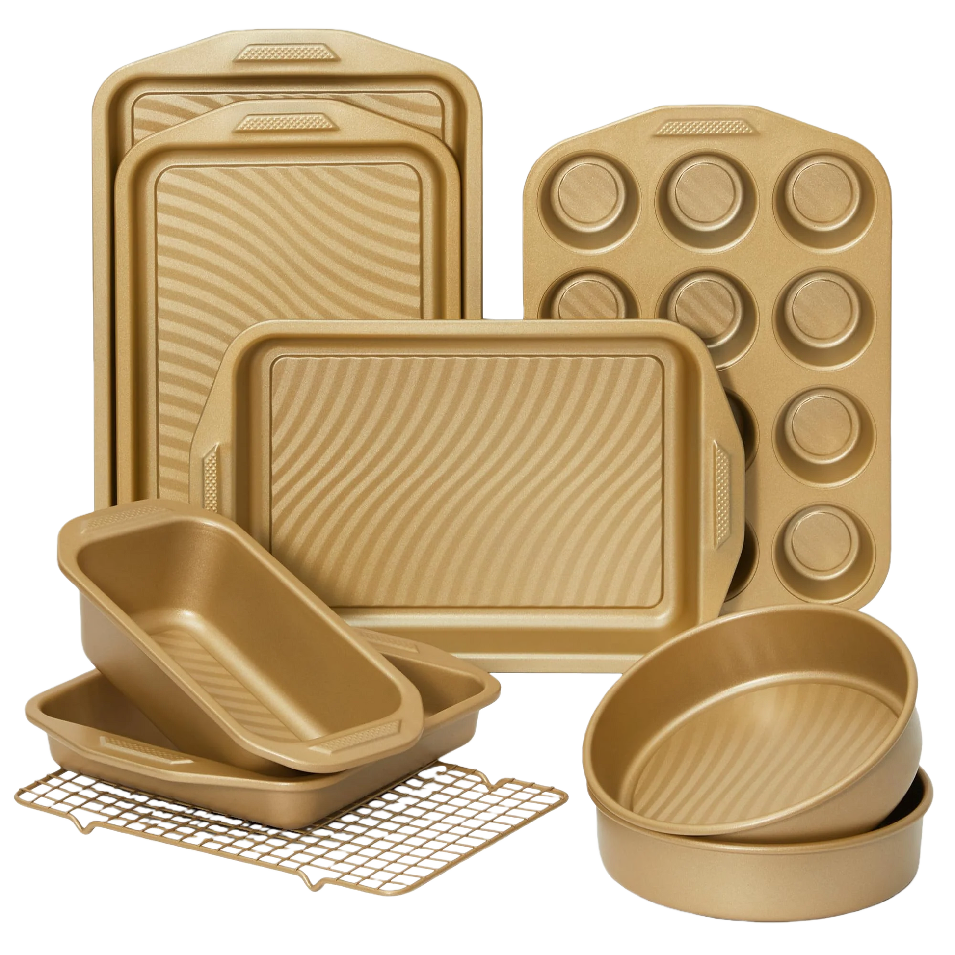 Wave texture nonstick bakeware set with nine essential pieces designed for even heating and reduced oil contact