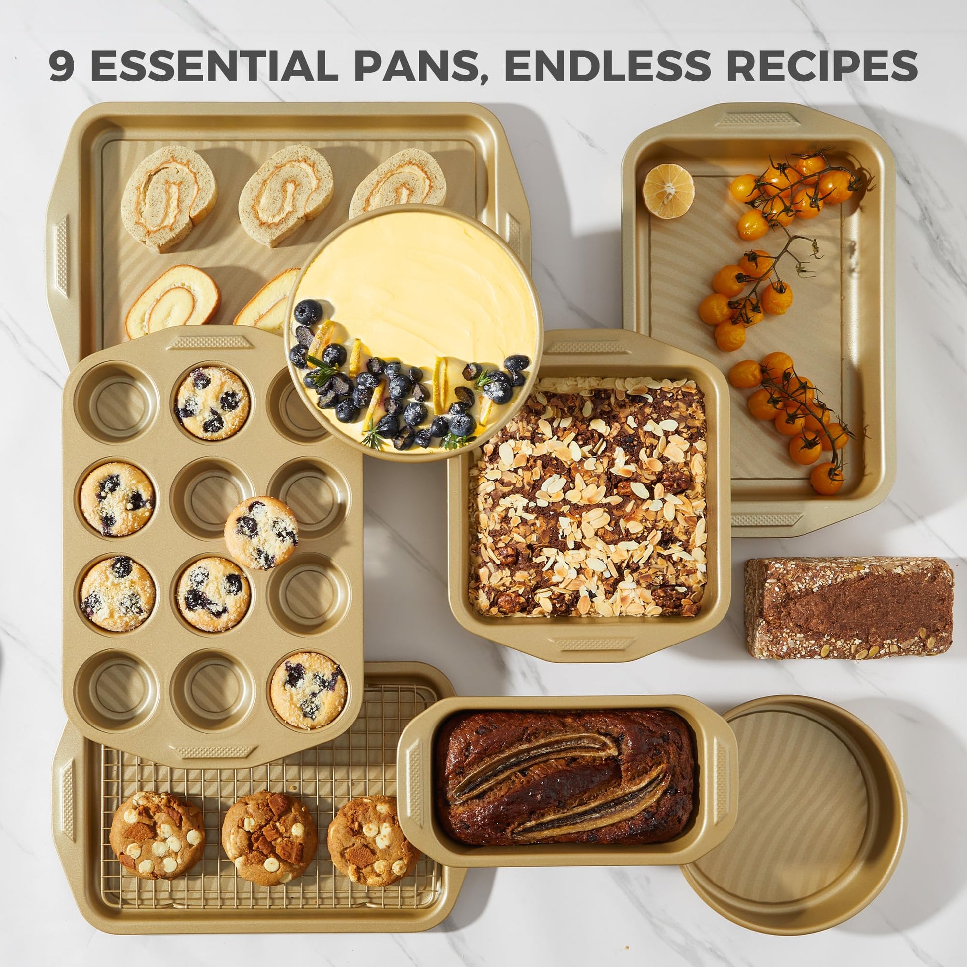 Wave texture nonstick bakeware set with nine essential pieces designed for even heating and reduced oil contact