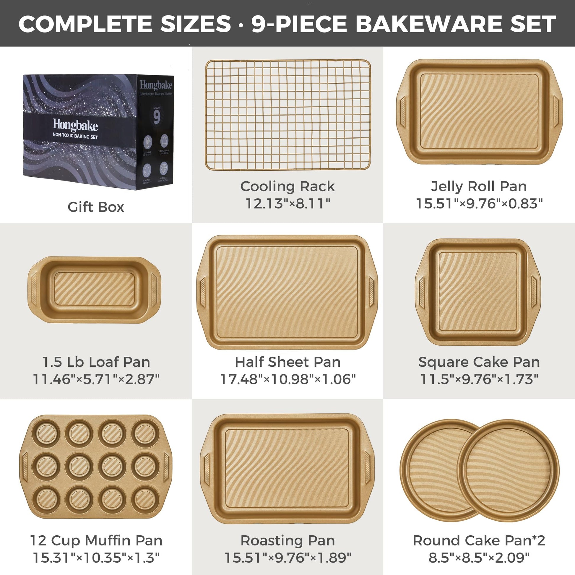 Wave texture nonstick bakeware set with nine essential pieces designed for even heating and reduced oil contact