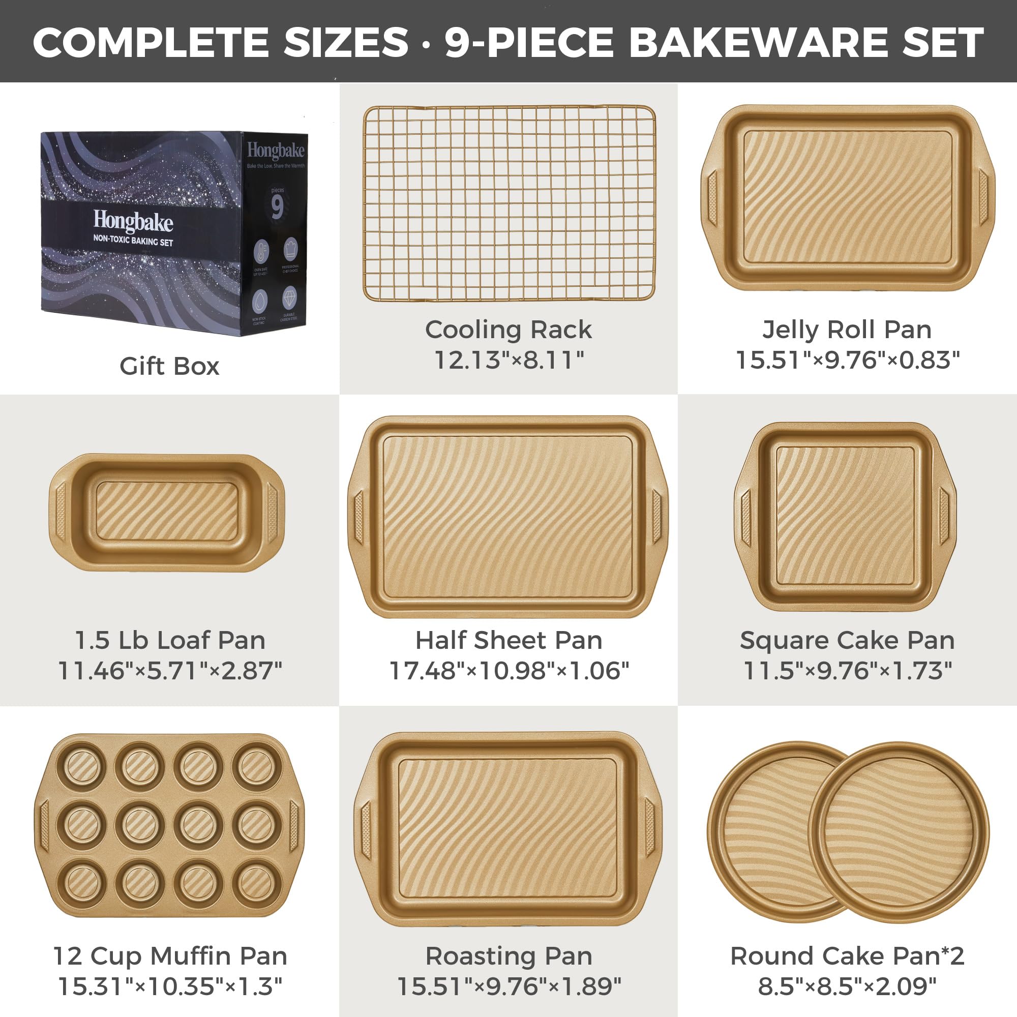 Wave texture nonstick bakeware set with nine essential pieces designed for even heating and reduced oil contact